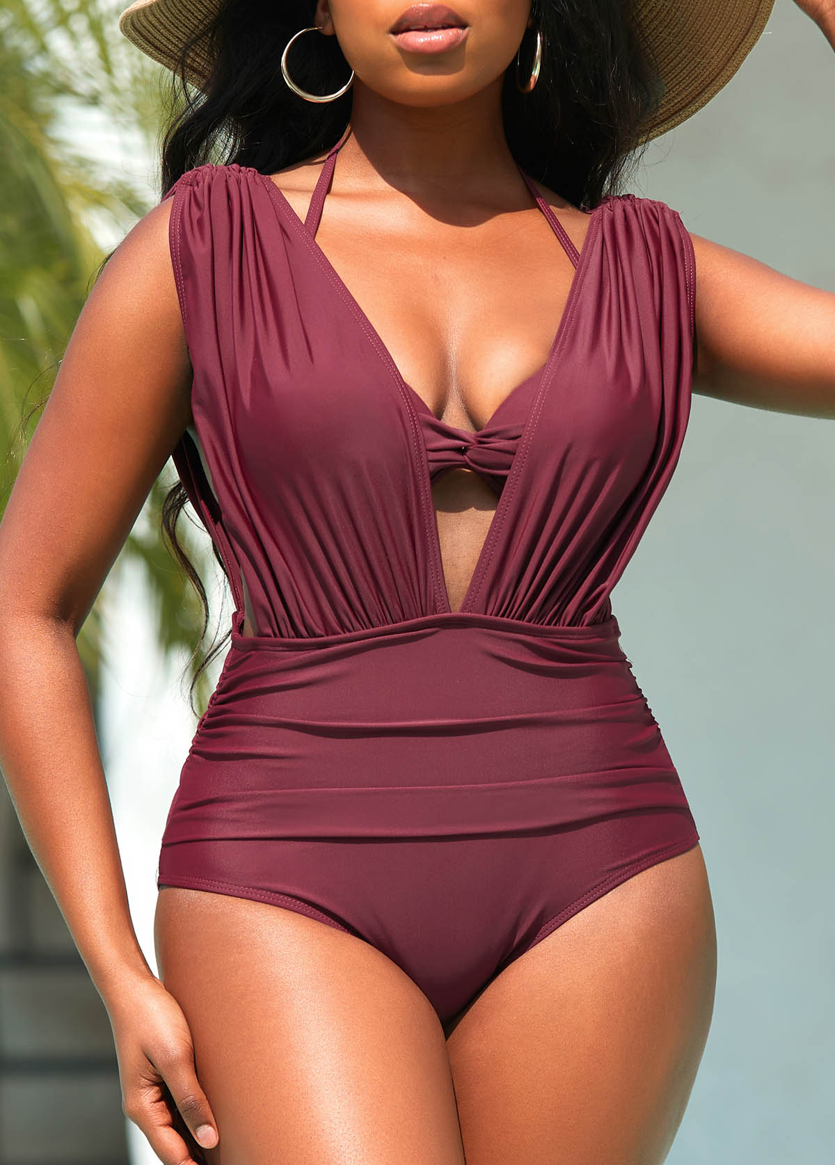 Dark Reddish Purple swimwear,Plain Color swimwear,ROTITA Ruched Dark Reddish Purple Bikini Set