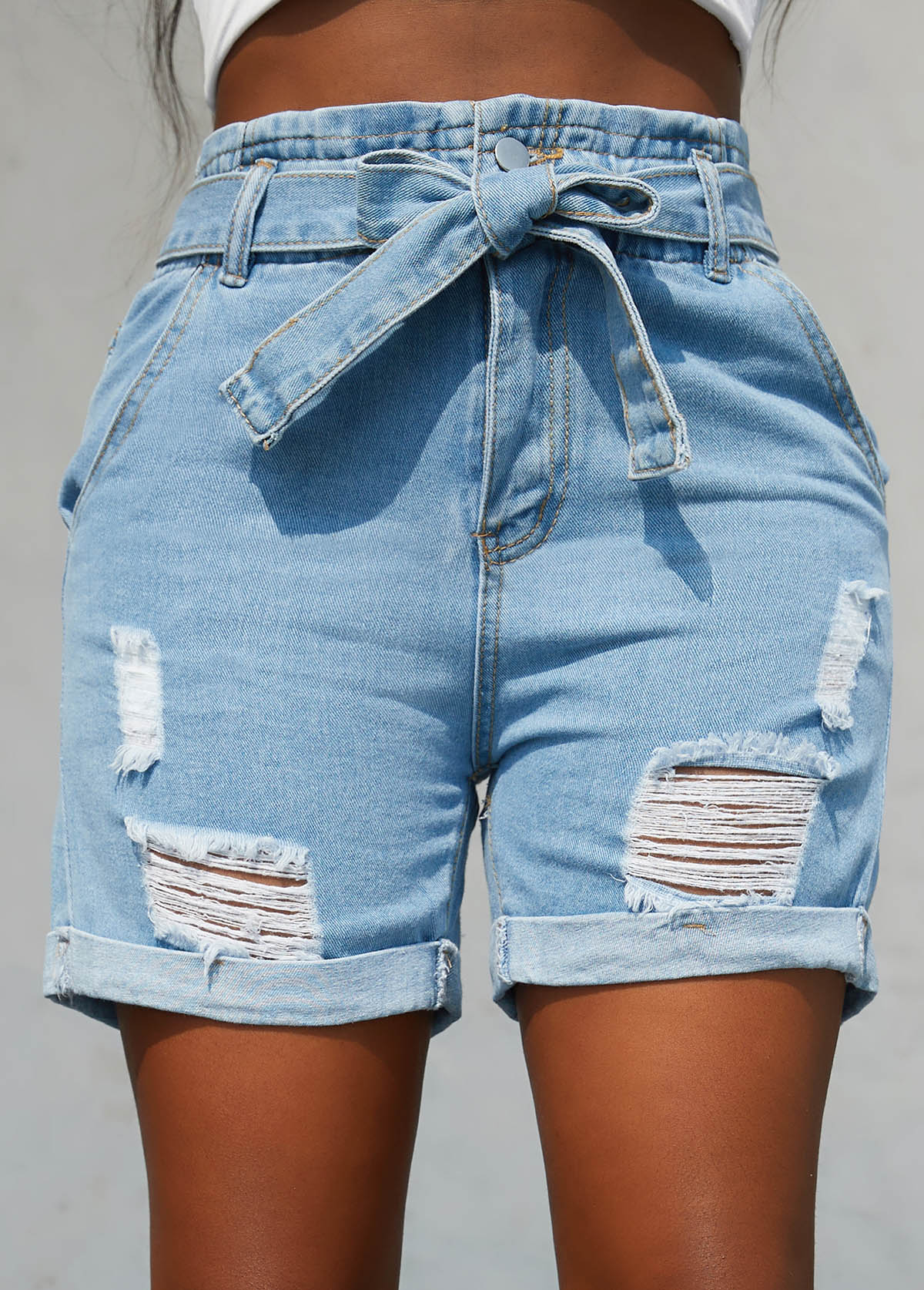 Denim Blue bottoms,Plain Color bottoms,Belted Hole Regular Zipper Fly Denim Shorts