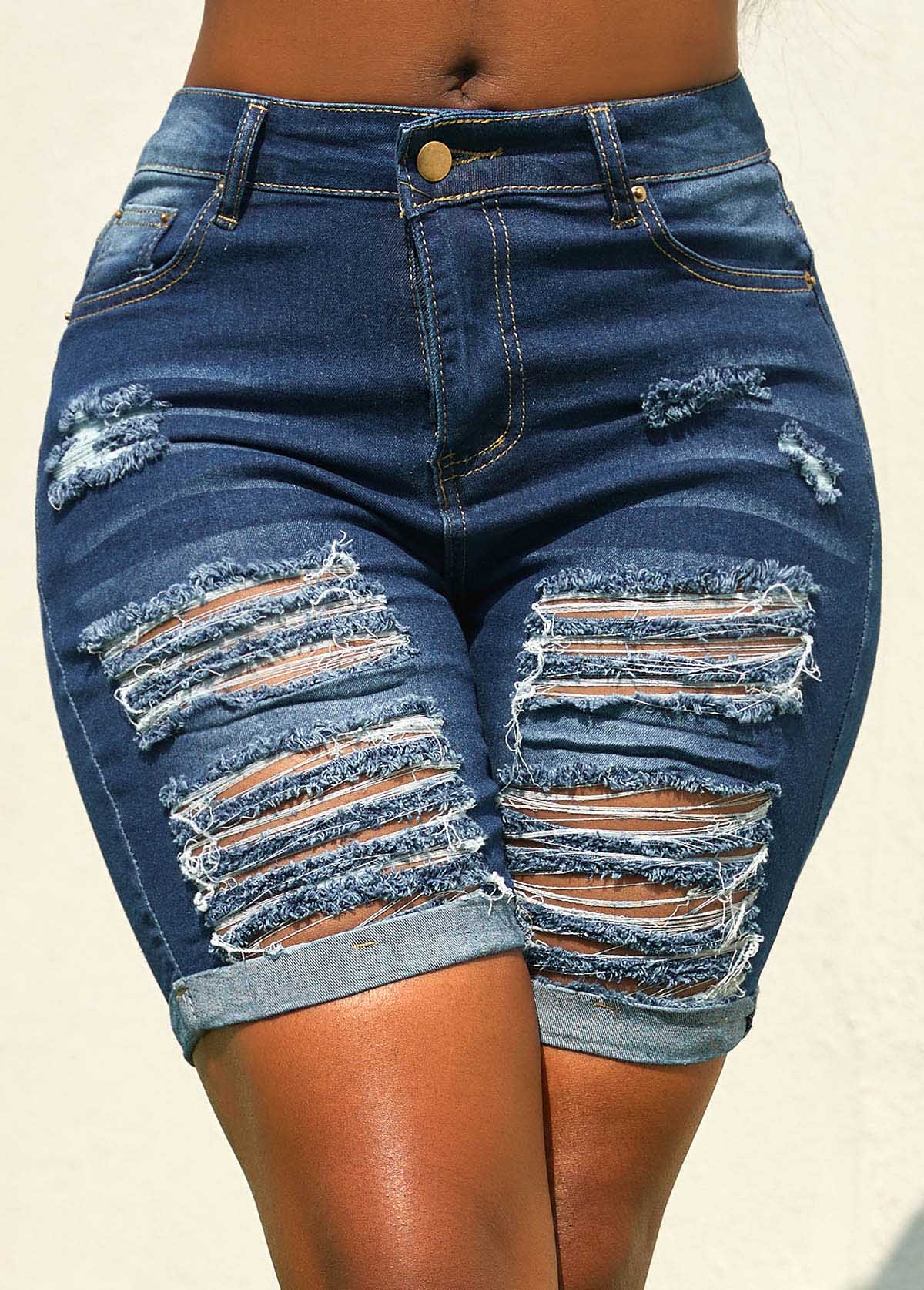 short en jean bleu skinny à fermeture éclair trouée
