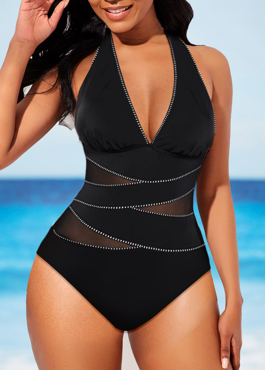 Black swimwear,Plain Color swimwear,ROTITA Halter Mesh Black One Piece Swimwear