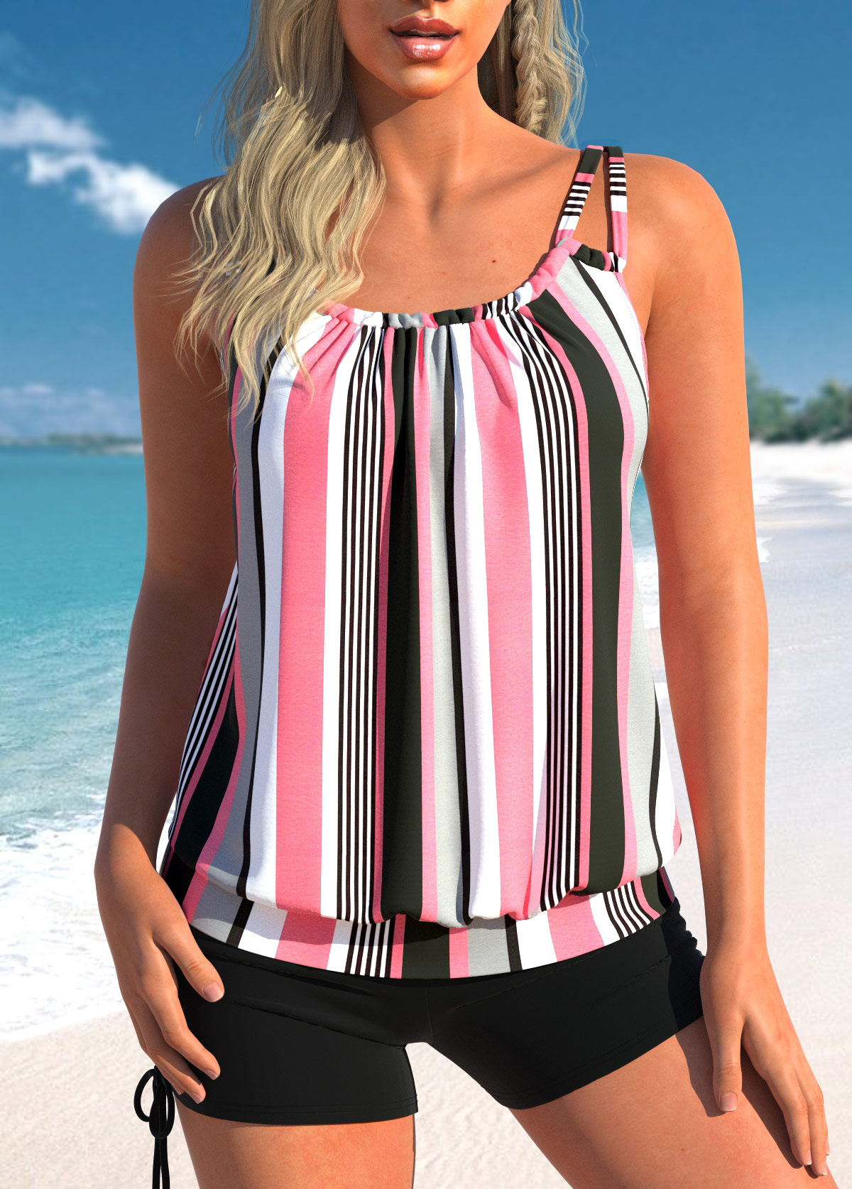 ROTITA Ruched Light Pink Striped Tankini Top-No Bottom