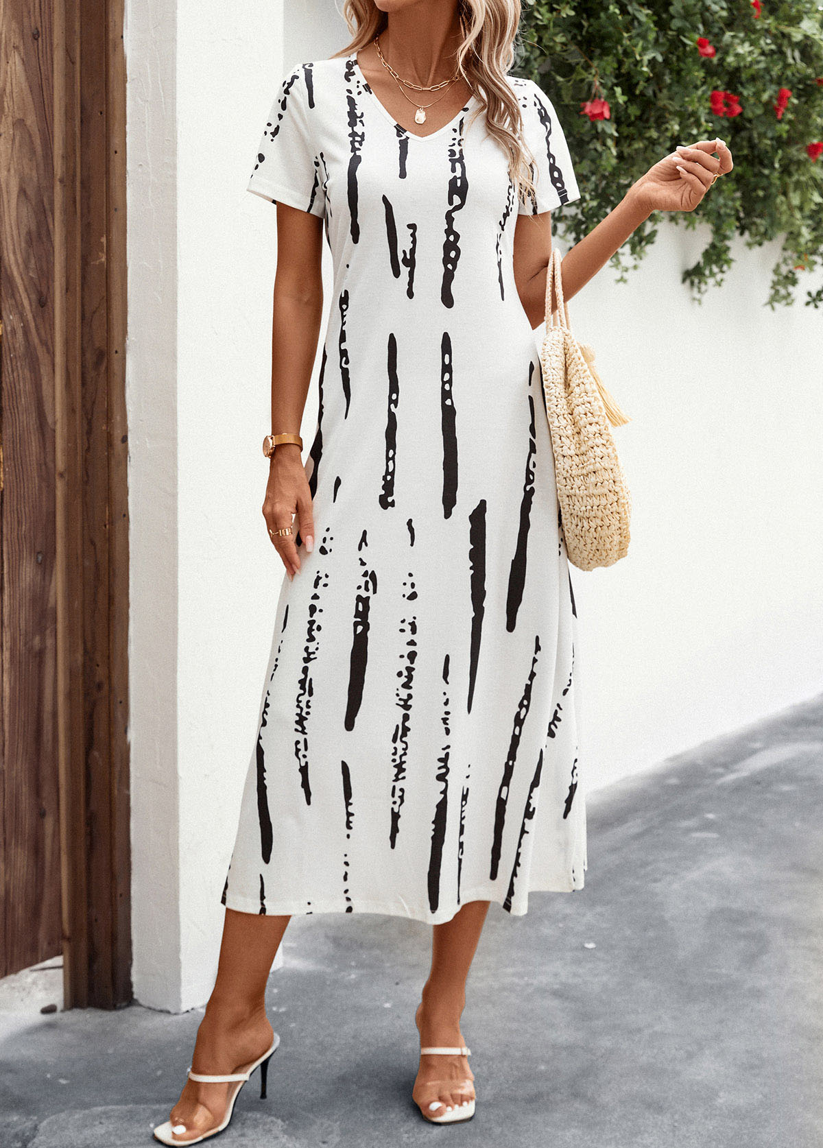 White dresses,Striped dresses,Split Striped White A Line V Neck Dress