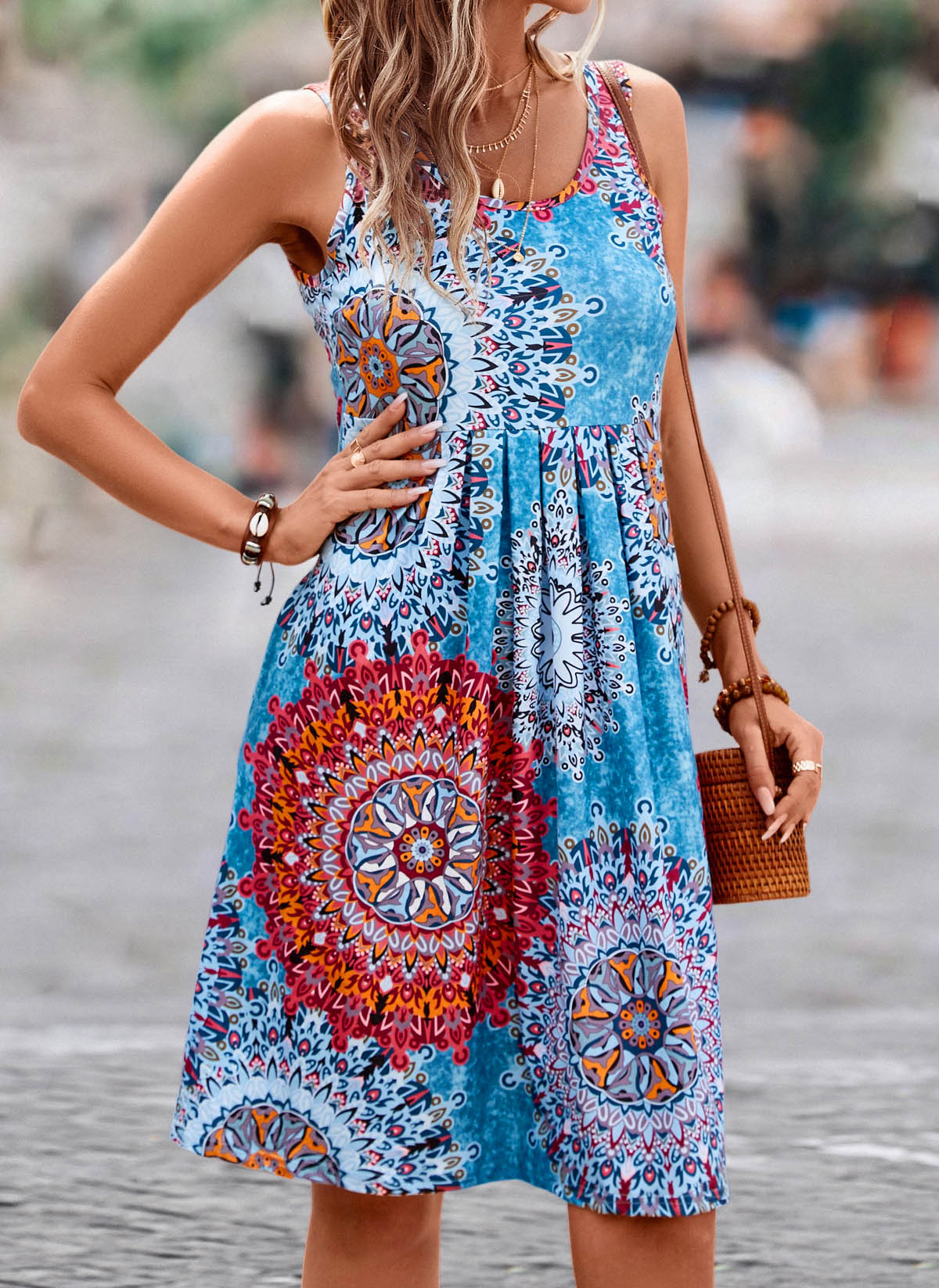 Blue dresses,Tribal dresses,Pleated Tribal Print Blue Short H Shape Dress
