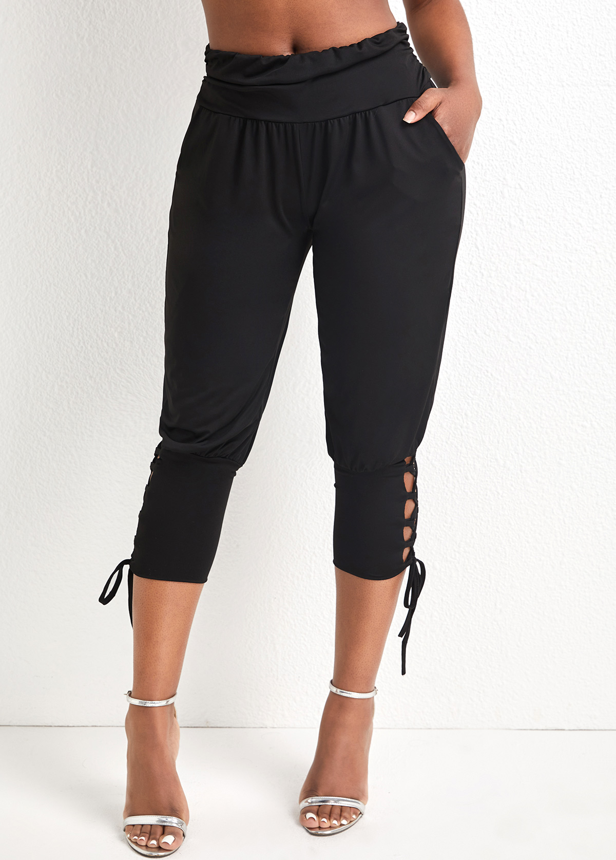 Black bottoms,Plain Color bottoms,Lace Up Black Elastic Waist Jogger Pants