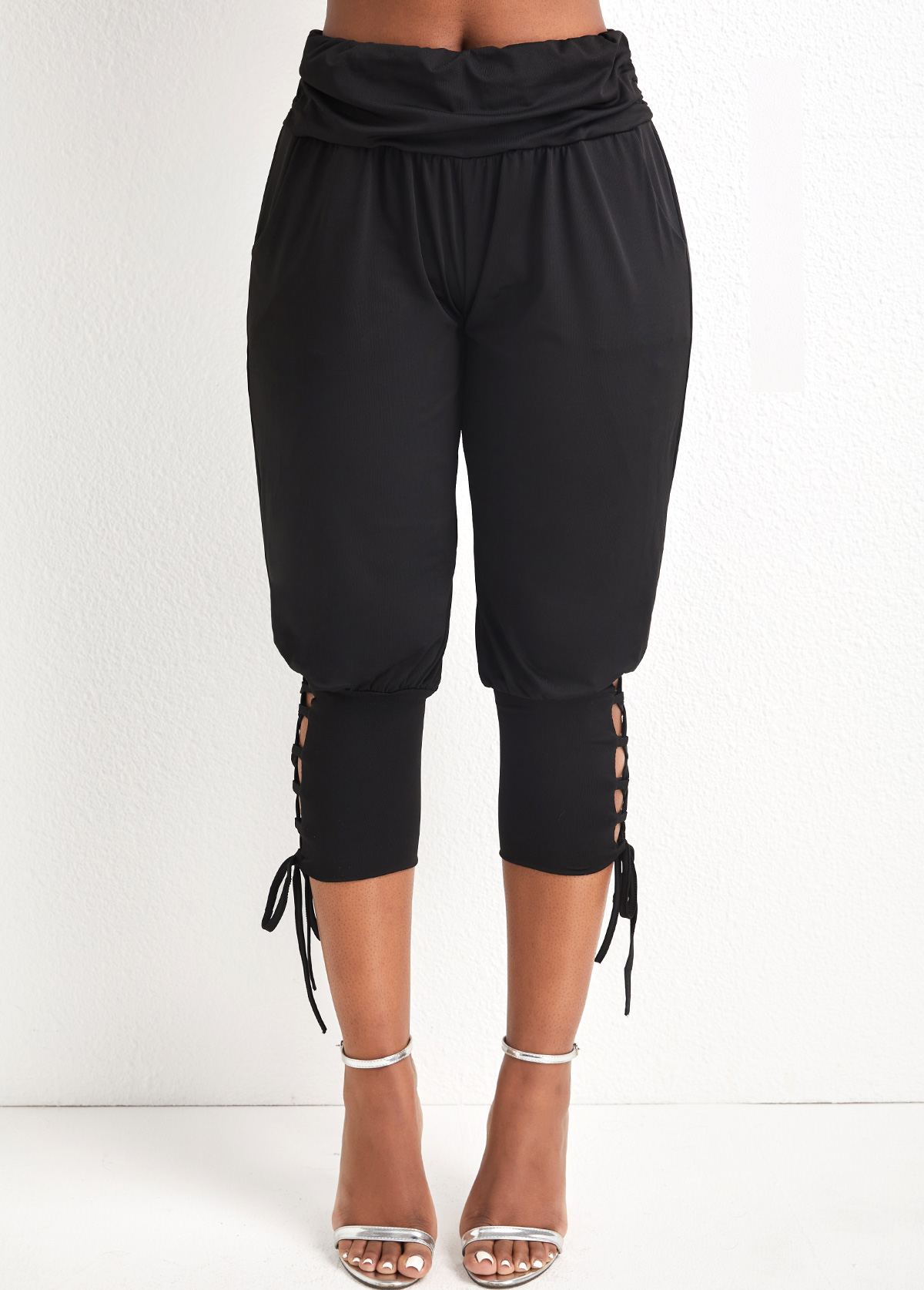 Black bottoms,Plain Color bottoms,Lace Up Black Elastic Waist Jogger Pants