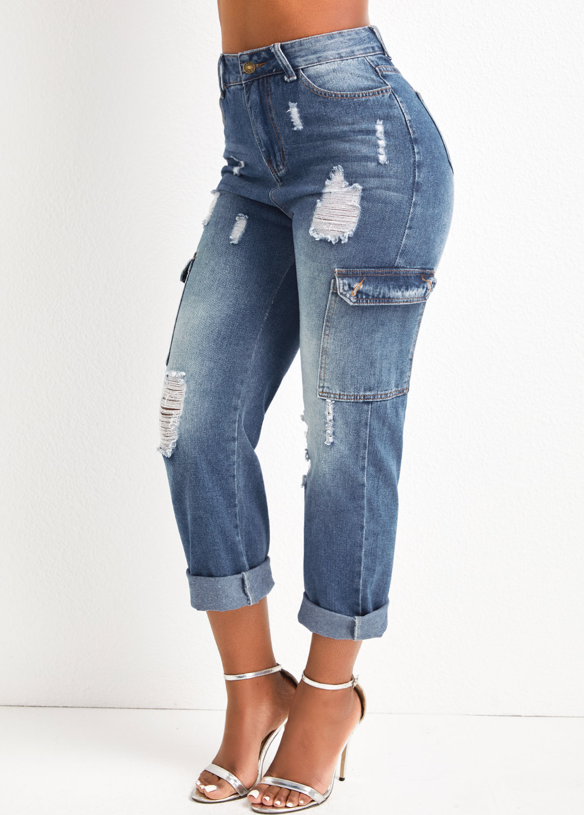 Hole Dark Blue Regular Zipper Fly Jeans