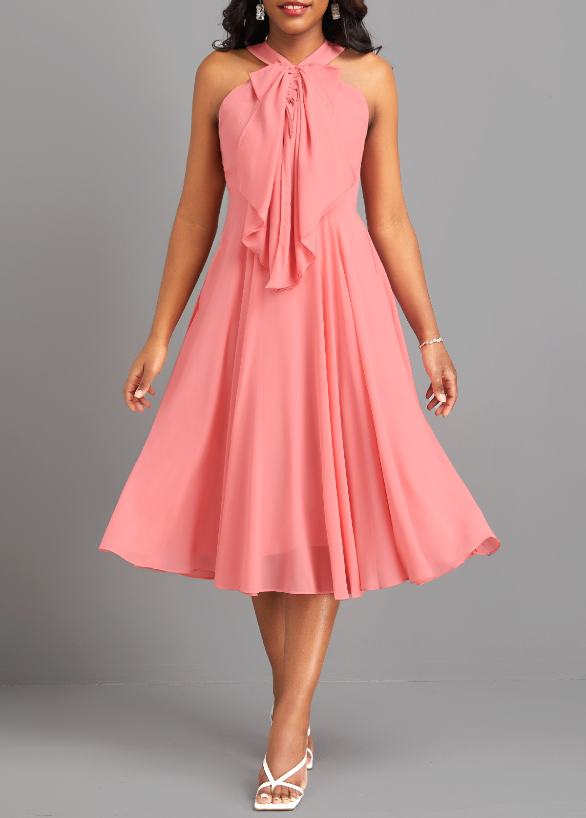 ROTITA Bowknot Dusty Pink V Neck Sleeveless Dress