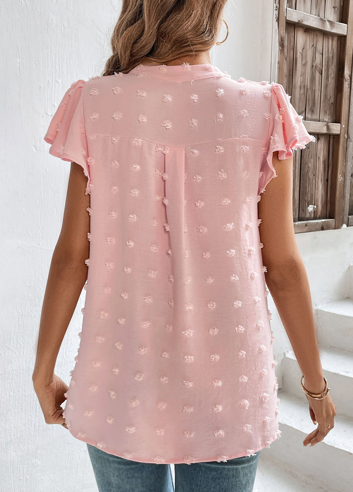 Light Pink tops,Plain Color tops,Split Light Pink V Neck T Shirt