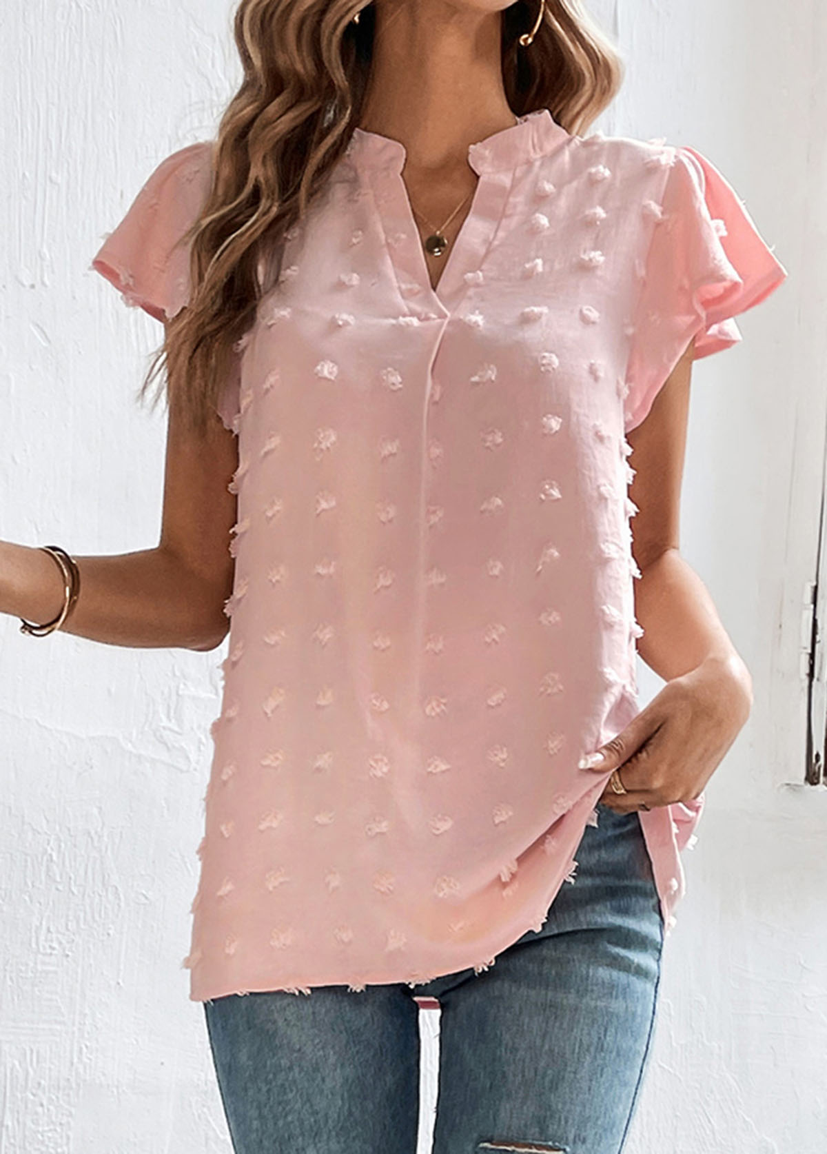 Light Pink tops,Plain Color tops,Split Light Pink V Neck T Shirt
