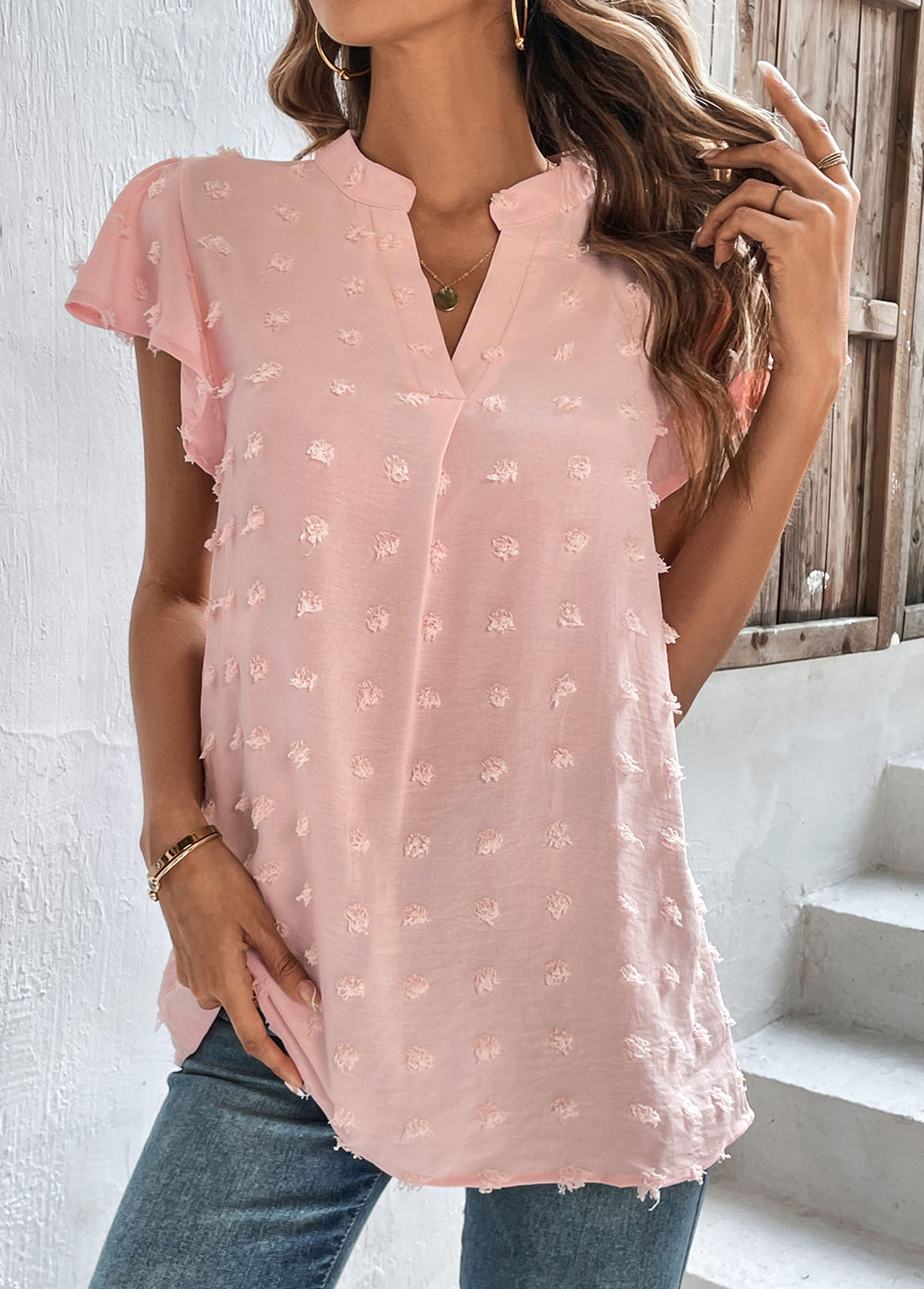 Light Pink tops,Plain Color tops,Split Light Pink V Neck T Shirt