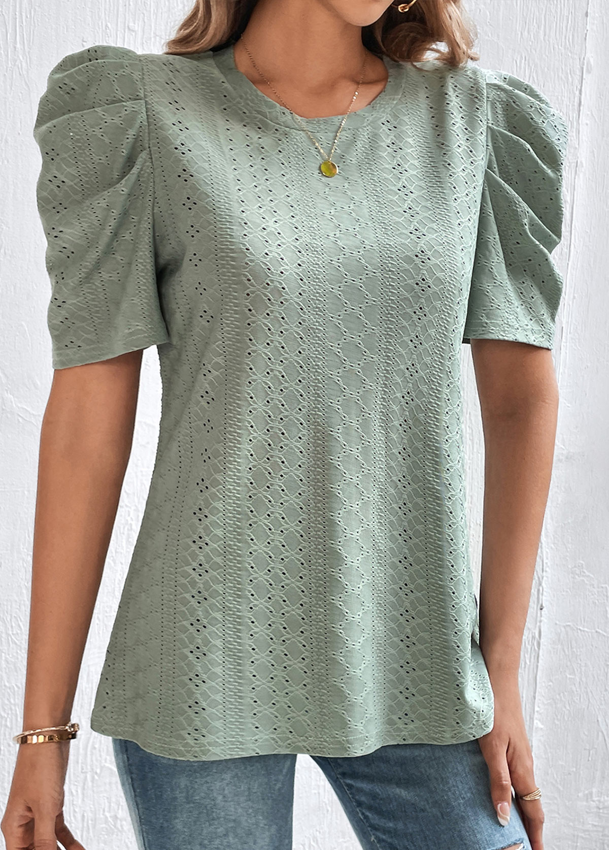 Sage Green tops,Plain Color tops,Smocked Sage Green Round Neck T Shirt