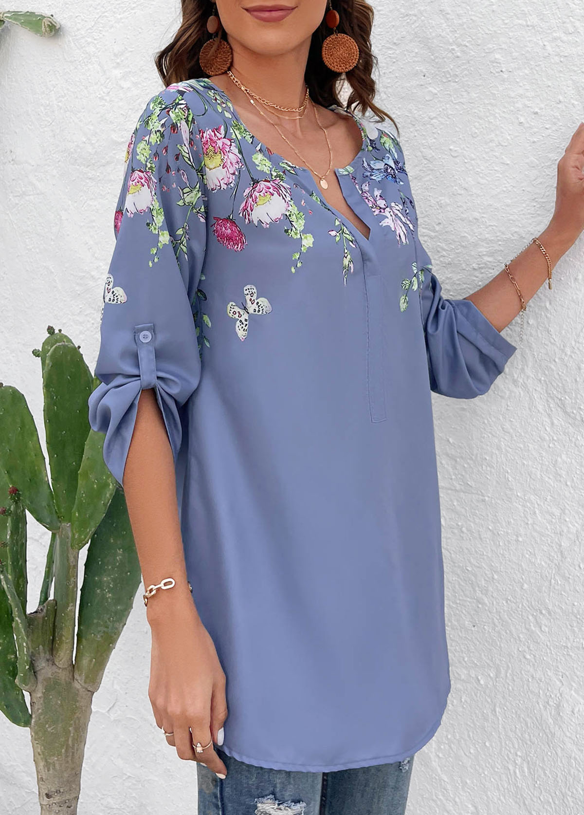 Dusty Blue tops,Floral tops,Plants tops,Animal Print tops,Button Floral Print Dusty Blue Split Neck Blouse