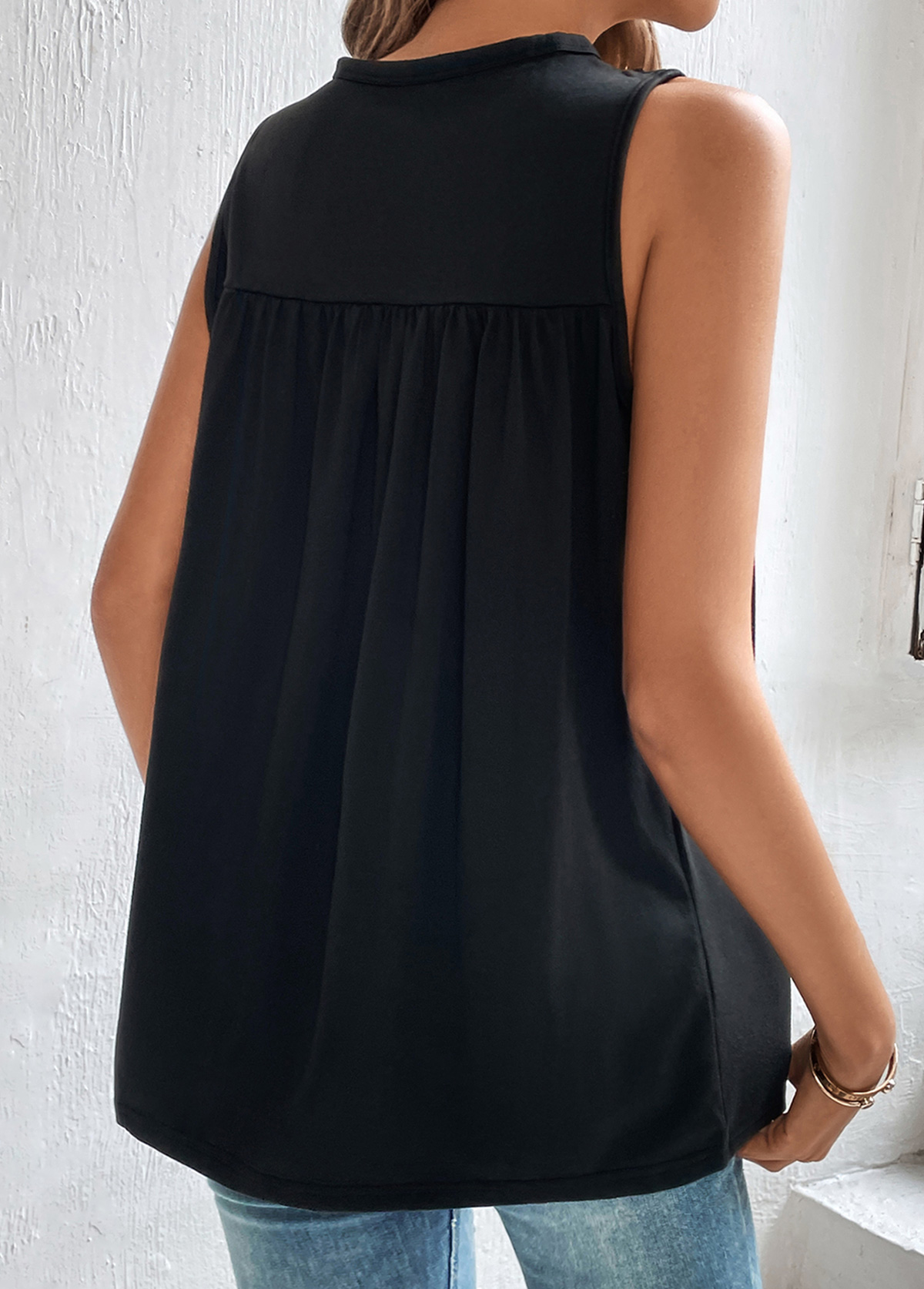 Black tops,Plain Color tops,Patchwork Black Round Neck Sleeveless Tank Top