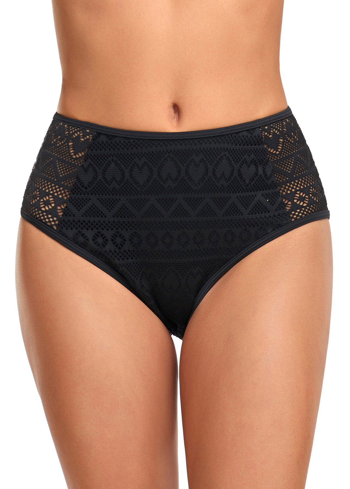 ROTITA Black Mid Waisted Lace Stitching Bikini Bottom