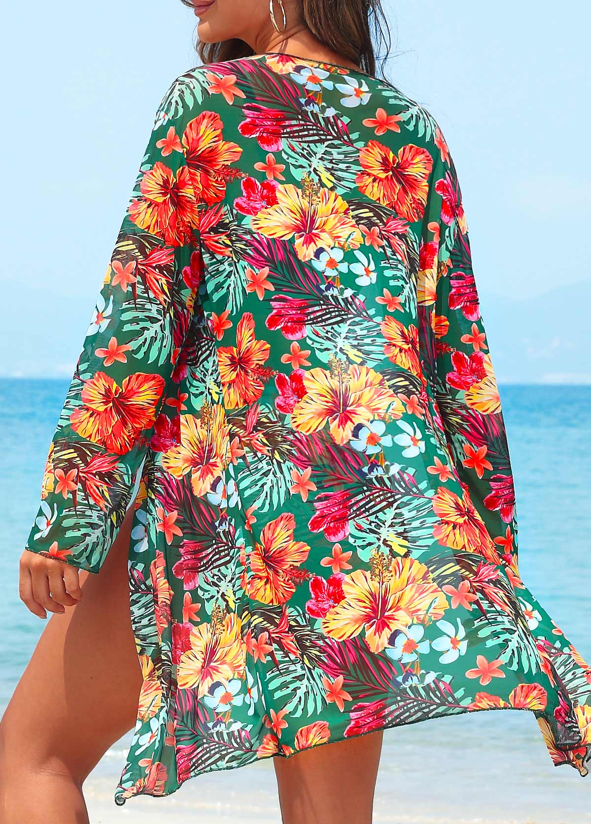 Green swimwear,Floral swimwear,Plants swimwear,Three-piece Green Floral Print High Waisted Bikini Set