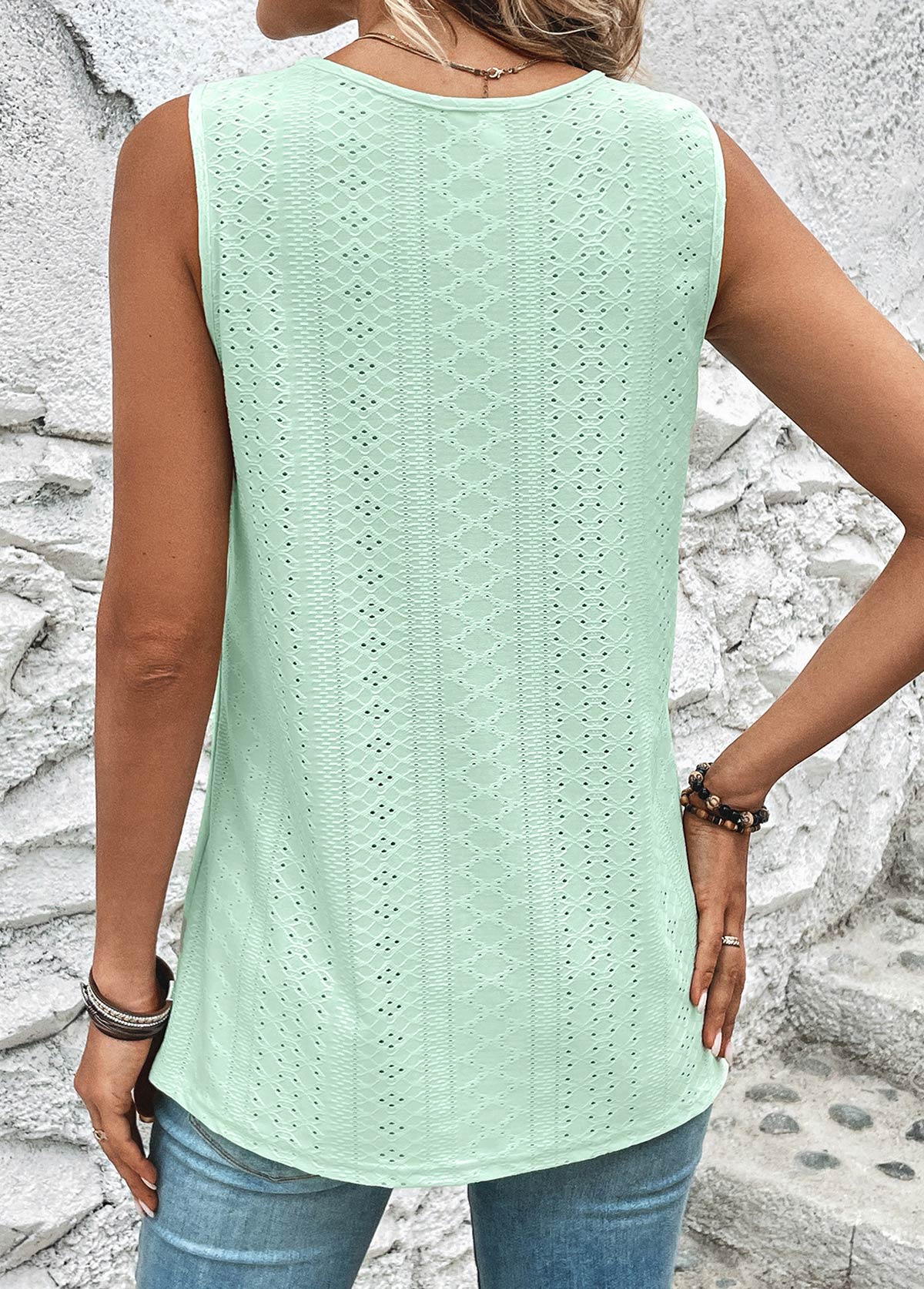 Light Green tops,Plain Color tops,ROTITA Cut Out Light Green Round Neck Tank Top