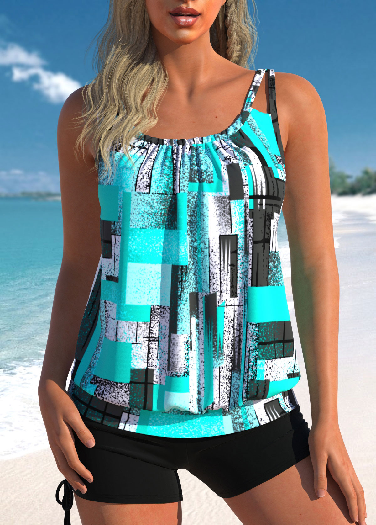 ROTITA Ruched Cyan Geometric Print Tankini Top-No Bottom