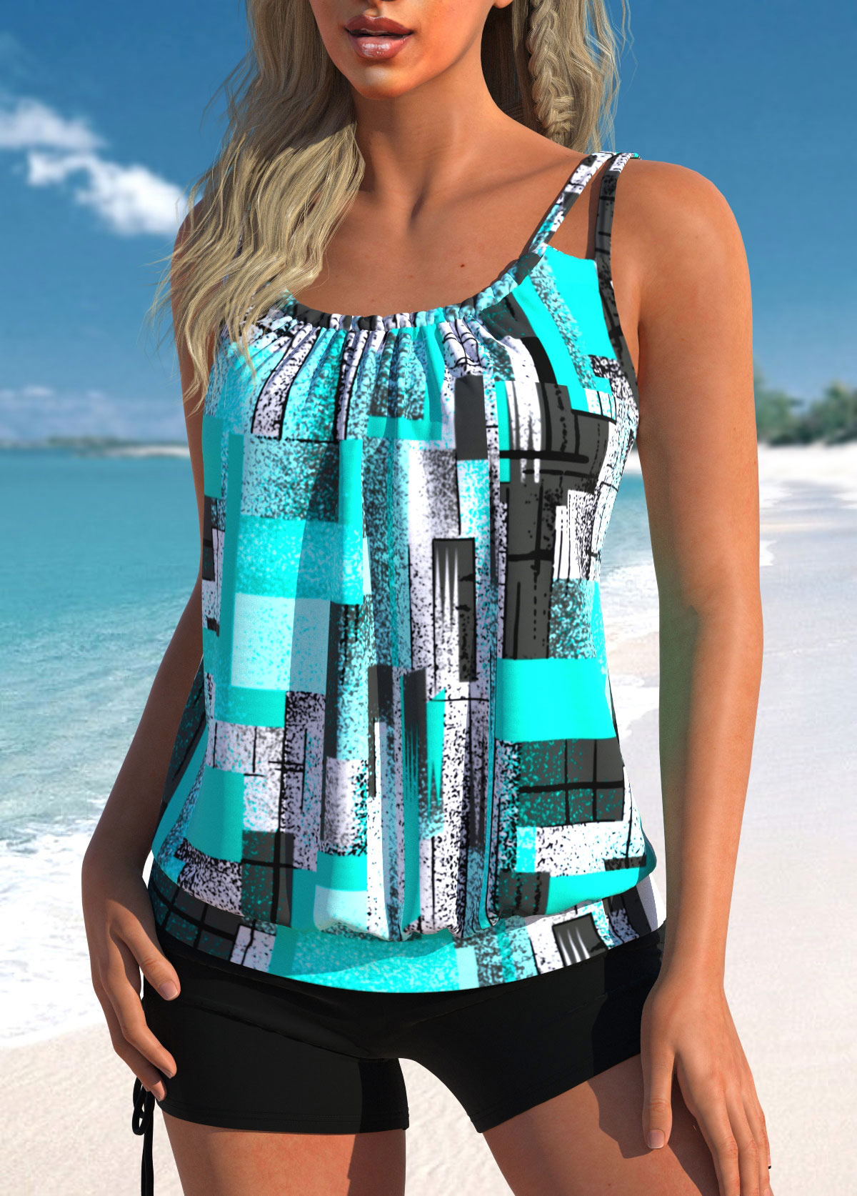 Cyan swimwear,Geometric swimwear,ROTITA Ruched Cyan Geometric Print Tankini Top