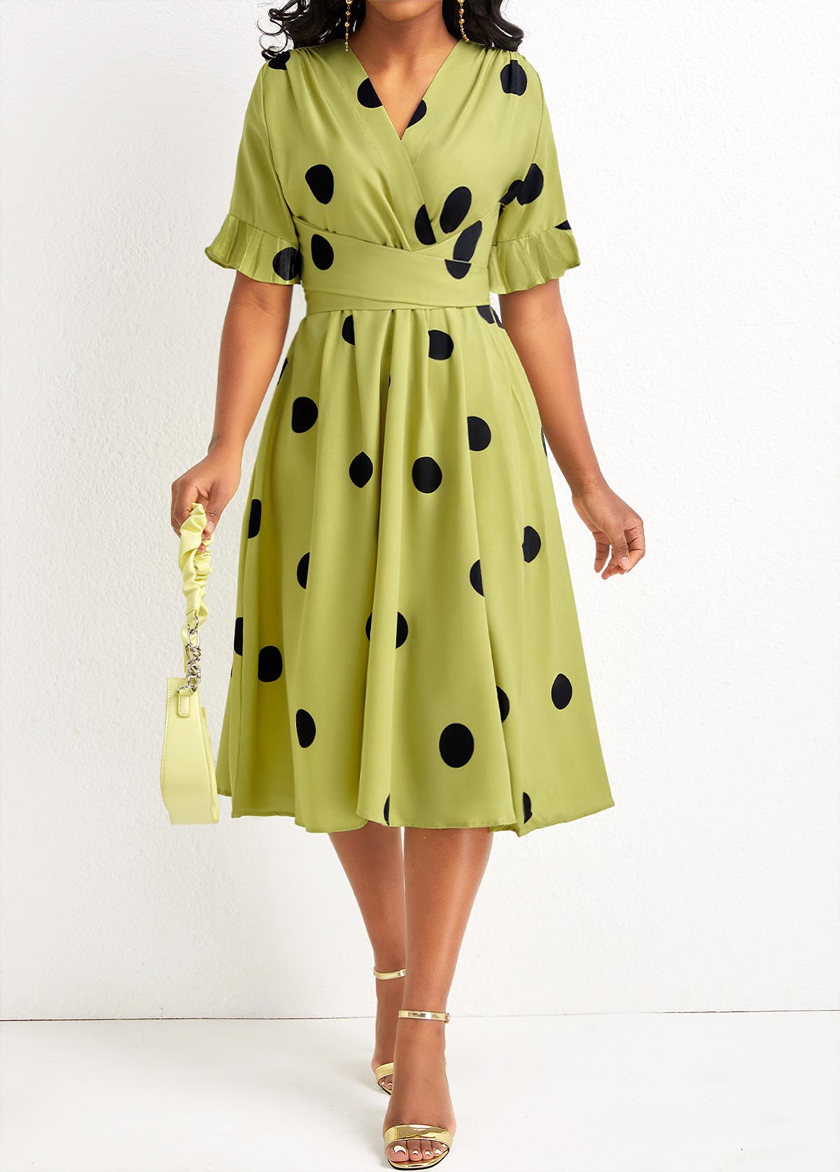 ROTITA Criss Cross Belted Polka Dot Avocado Green Dress