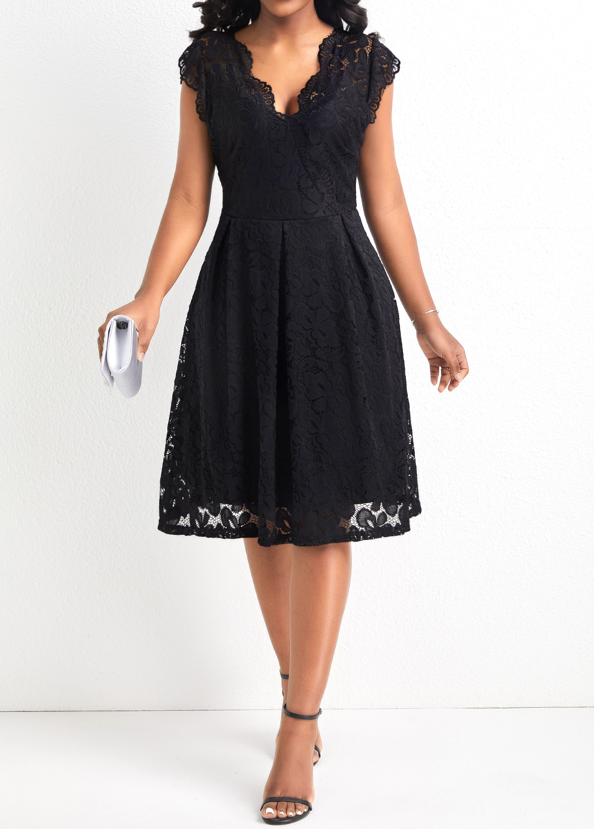 Black dresses,Plain Color dresses,Lace Black V Neck Sleeveless Dress