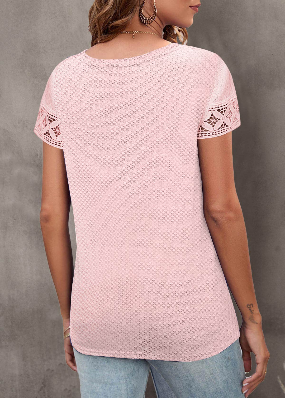 ROTITA T-shirt à manches courtes en dentelle rose clair à col rond