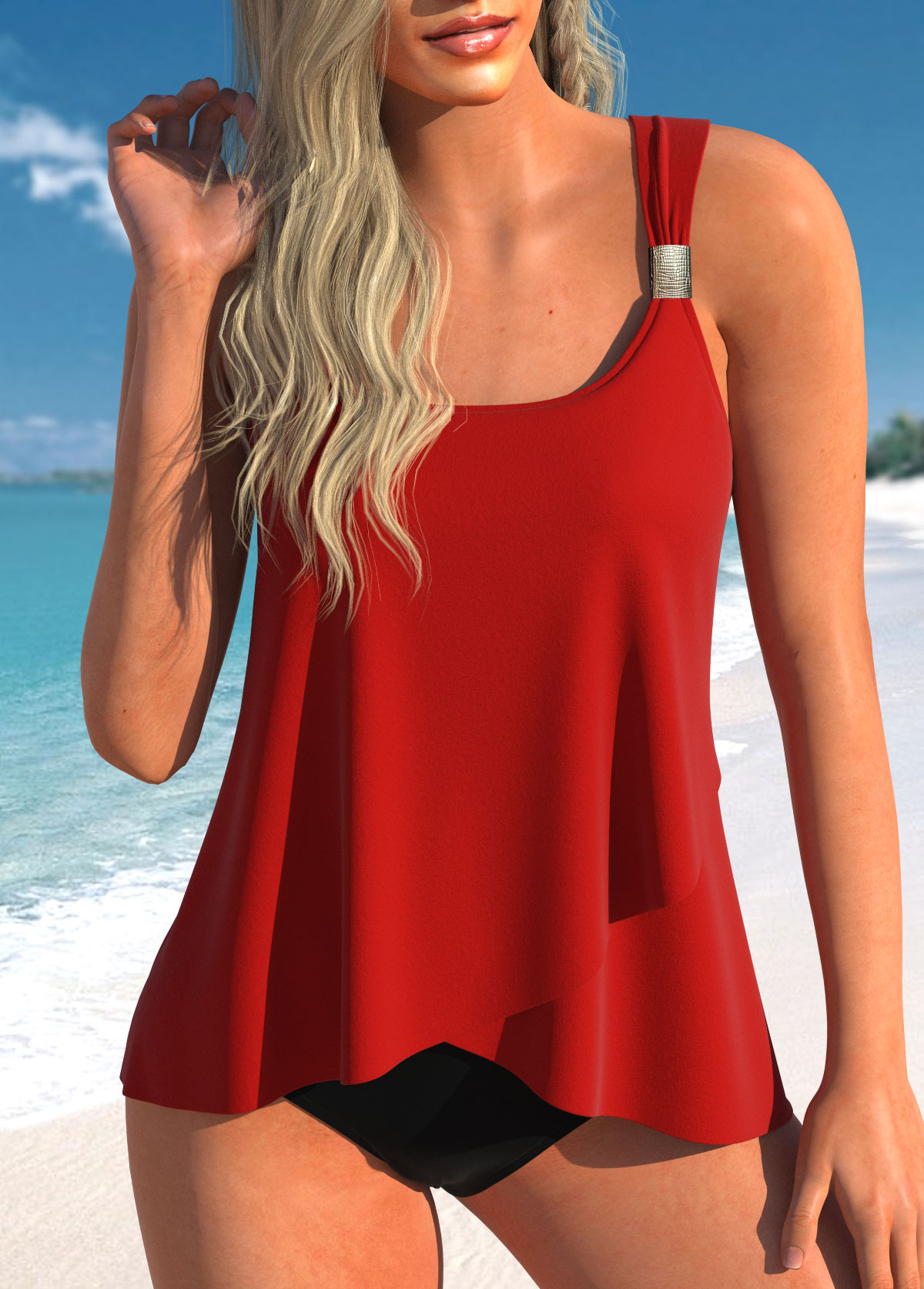 Red swimwear,Plain Color swimwear,ROTITA Cross Hem Wide Strap Red Tankini Top