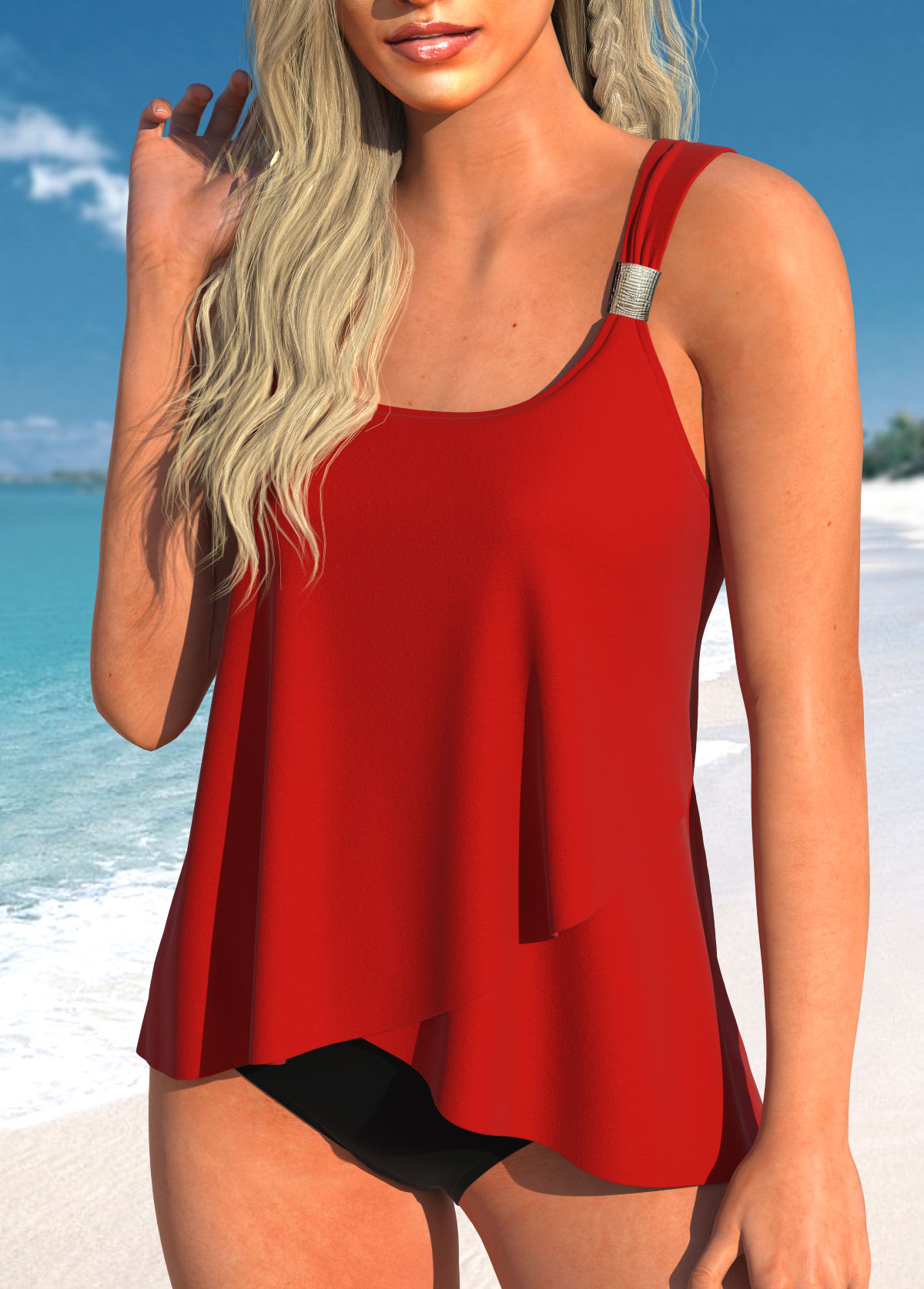 Red swimwear,Plain Color swimwear,ROTITA Cross Hem Wide Strap Red Tankini Top