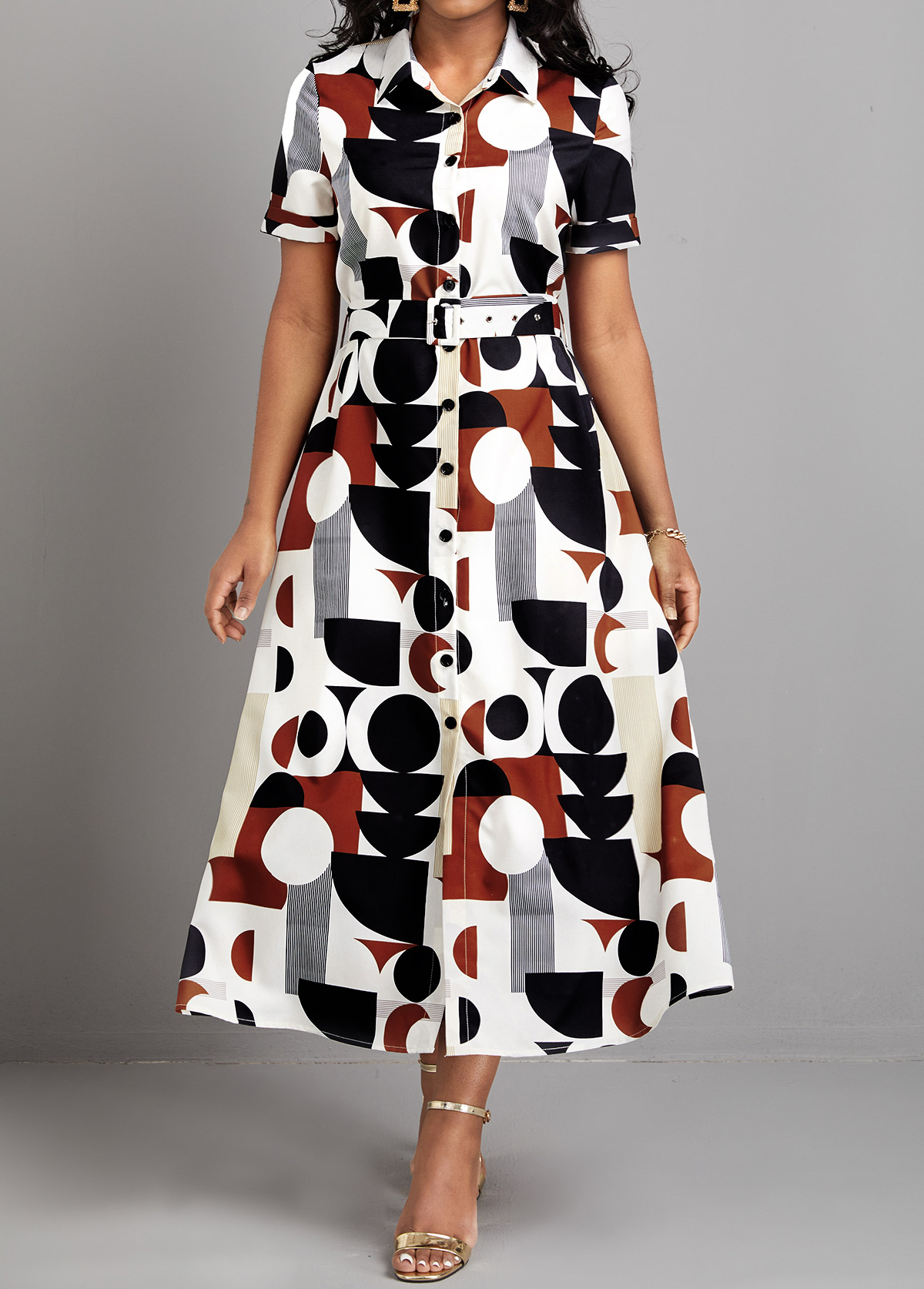ROTITA Button Geometric Print Multi Color Belted Dress