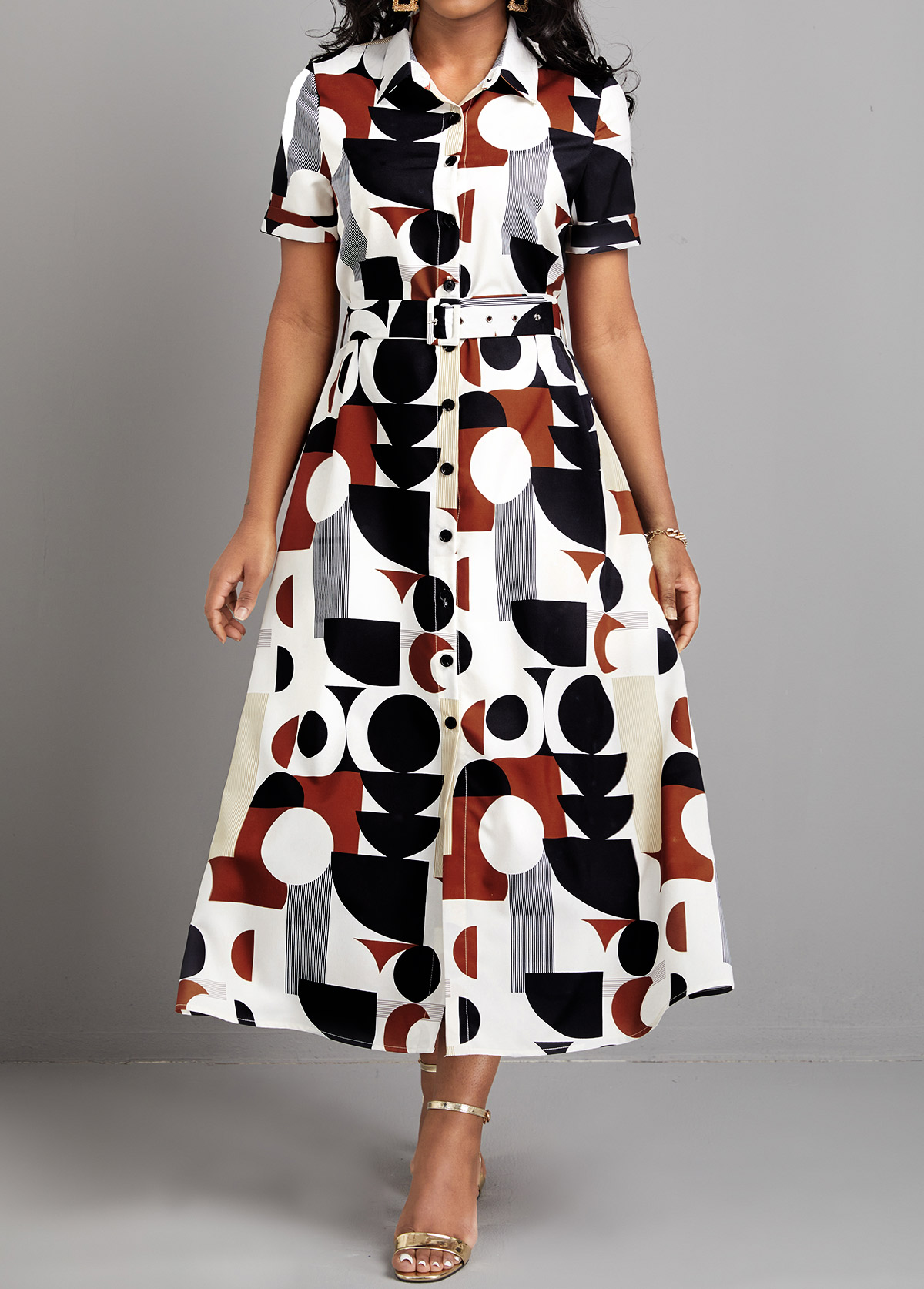 Multi Color dresses,Geometric dresses,Striped dresses,ROTITA Button Geometric Print Multi Color Belted Dress