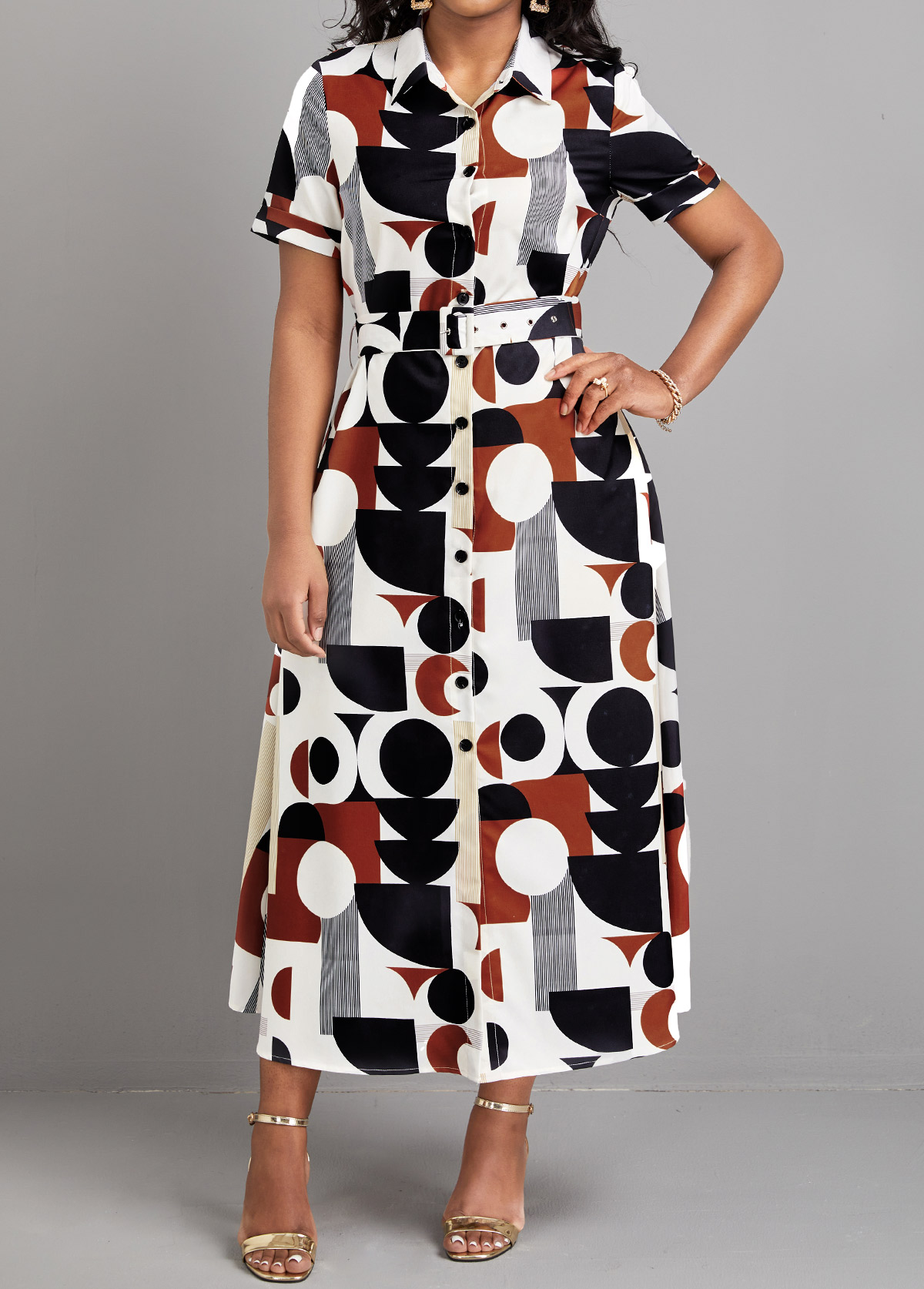 Multi Color dresses,Geometric dresses,Striped dresses,ROTITA Button Geometric Print Multi Color Belted Dress