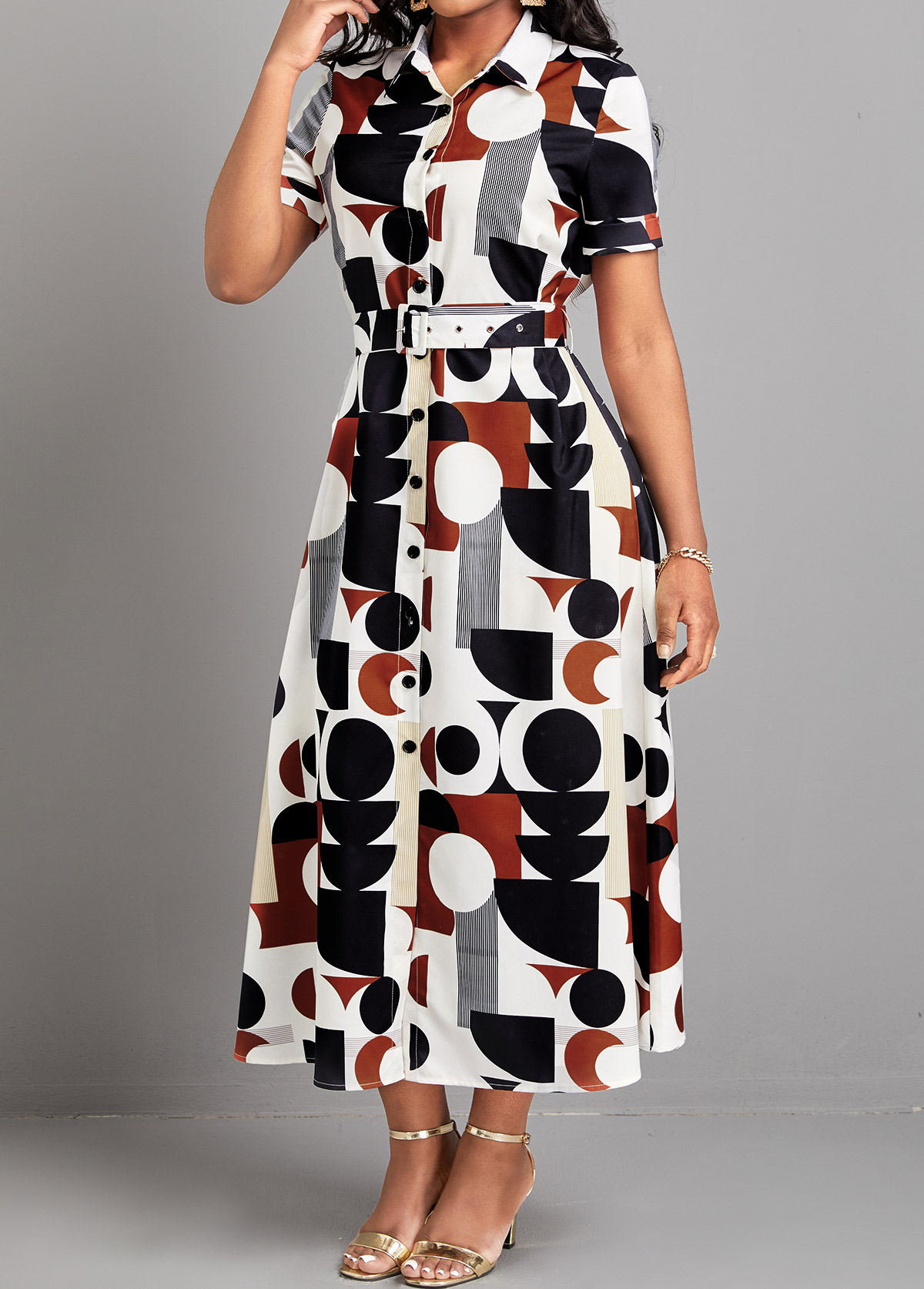 Multi Color dresses,Geometric dresses,Striped dresses,ROTITA Button Geometric Print Multi Color Belted Dress