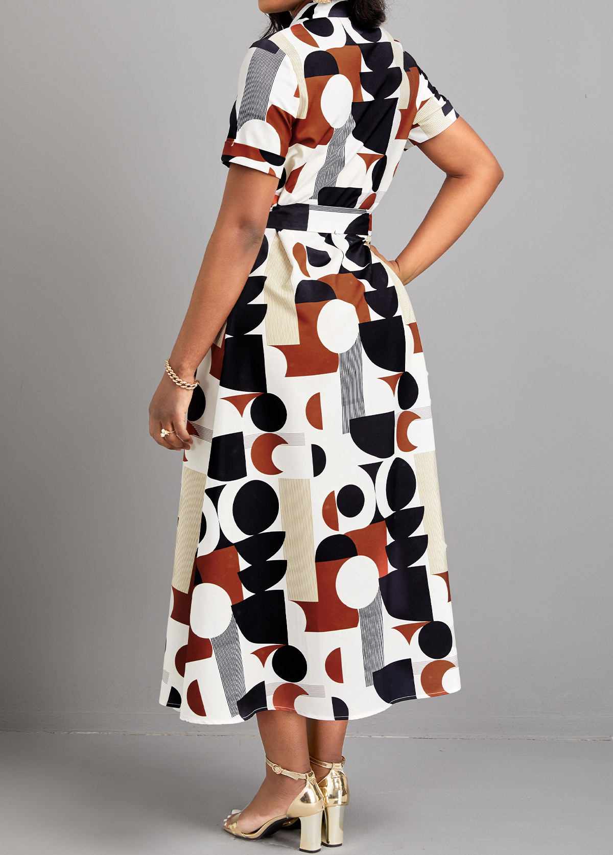 Multi Color dresses,Geometric dresses,Striped dresses,ROTITA Button Geometric Print Multi Color Belted Dress