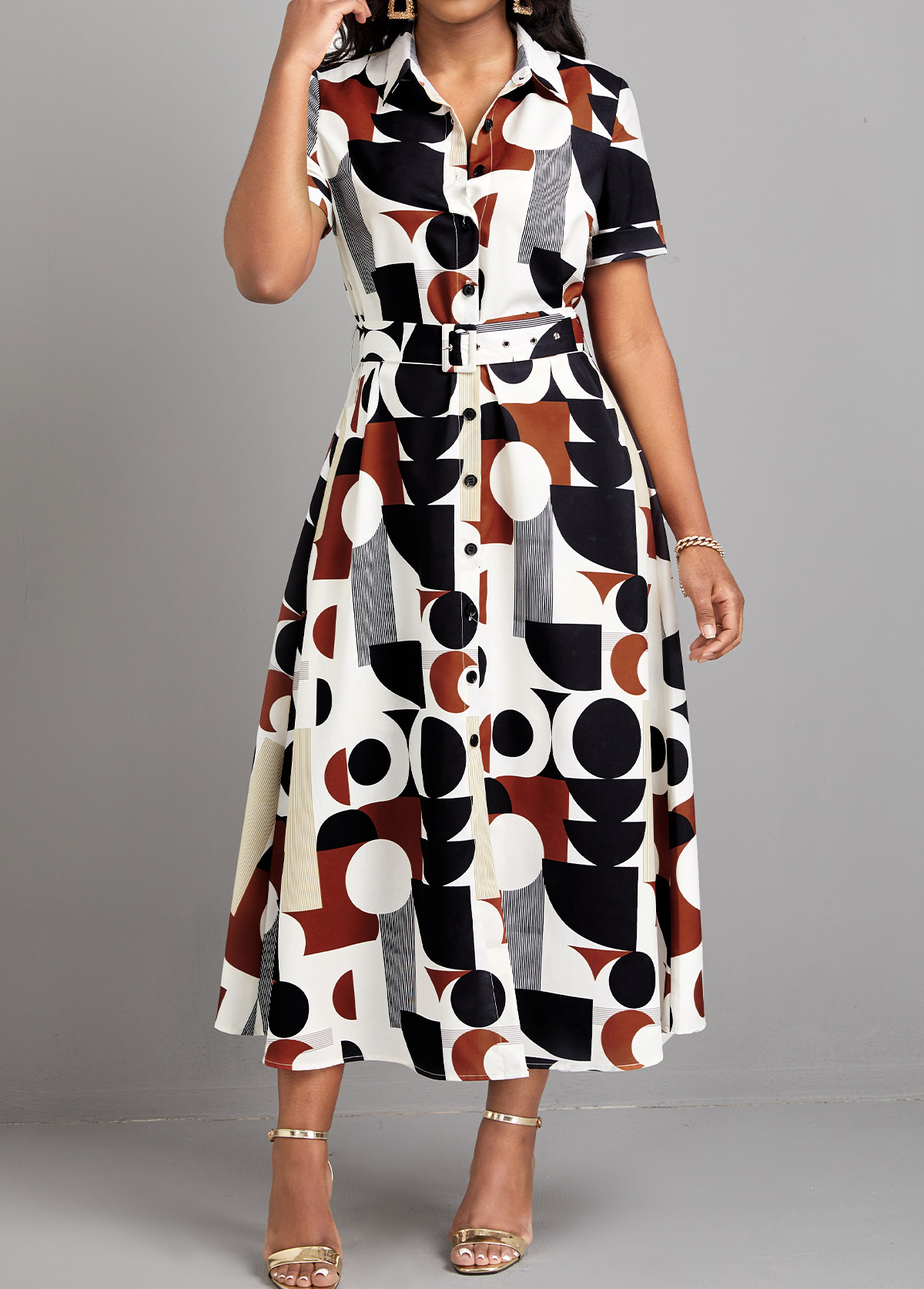 Multi Color dresses,Geometric dresses,Striped dresses,ROTITA Button Geometric Print Multi Color Belted Dress
