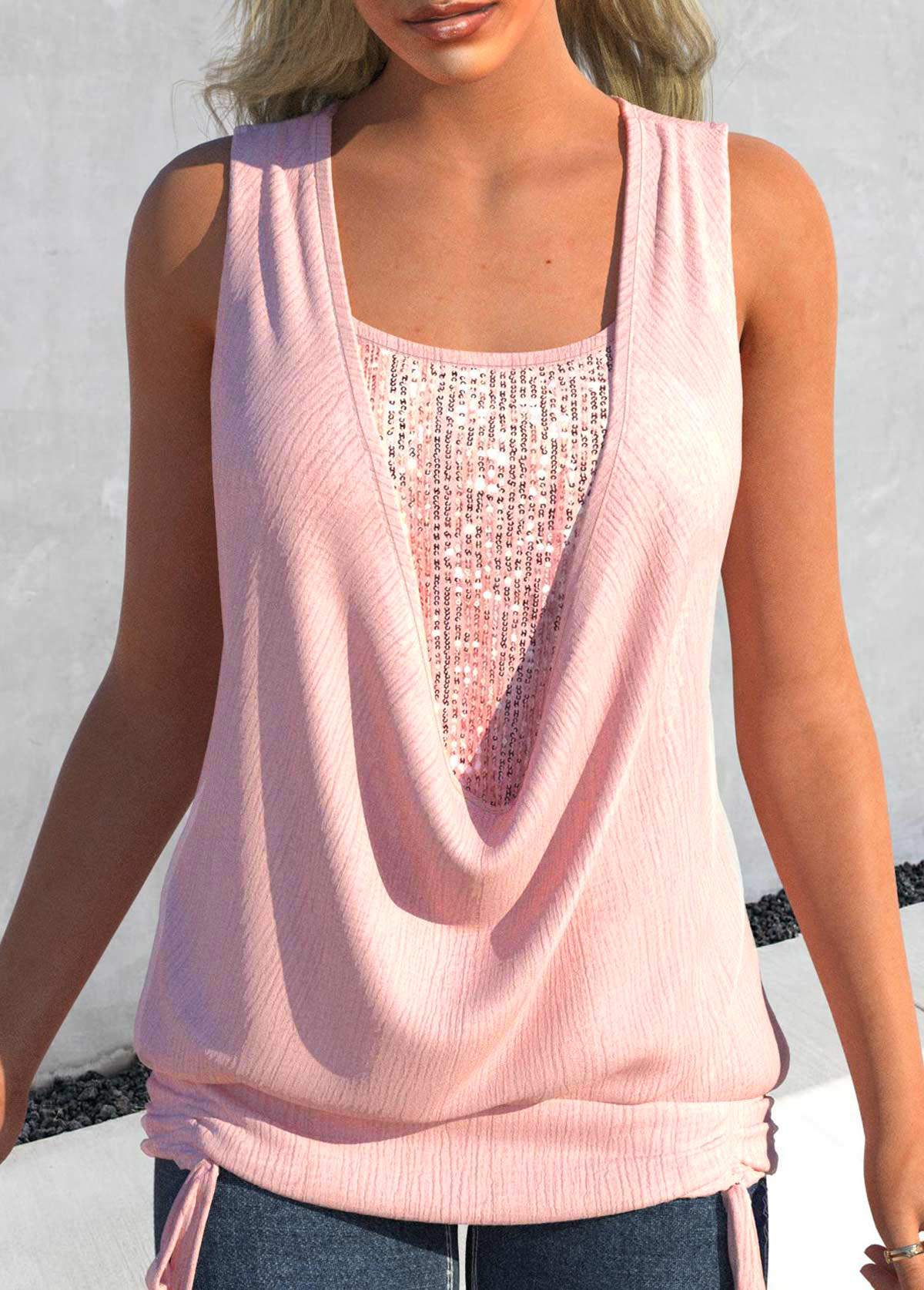 ROTITA Sequin Light Pink Draped Neck Tank Top