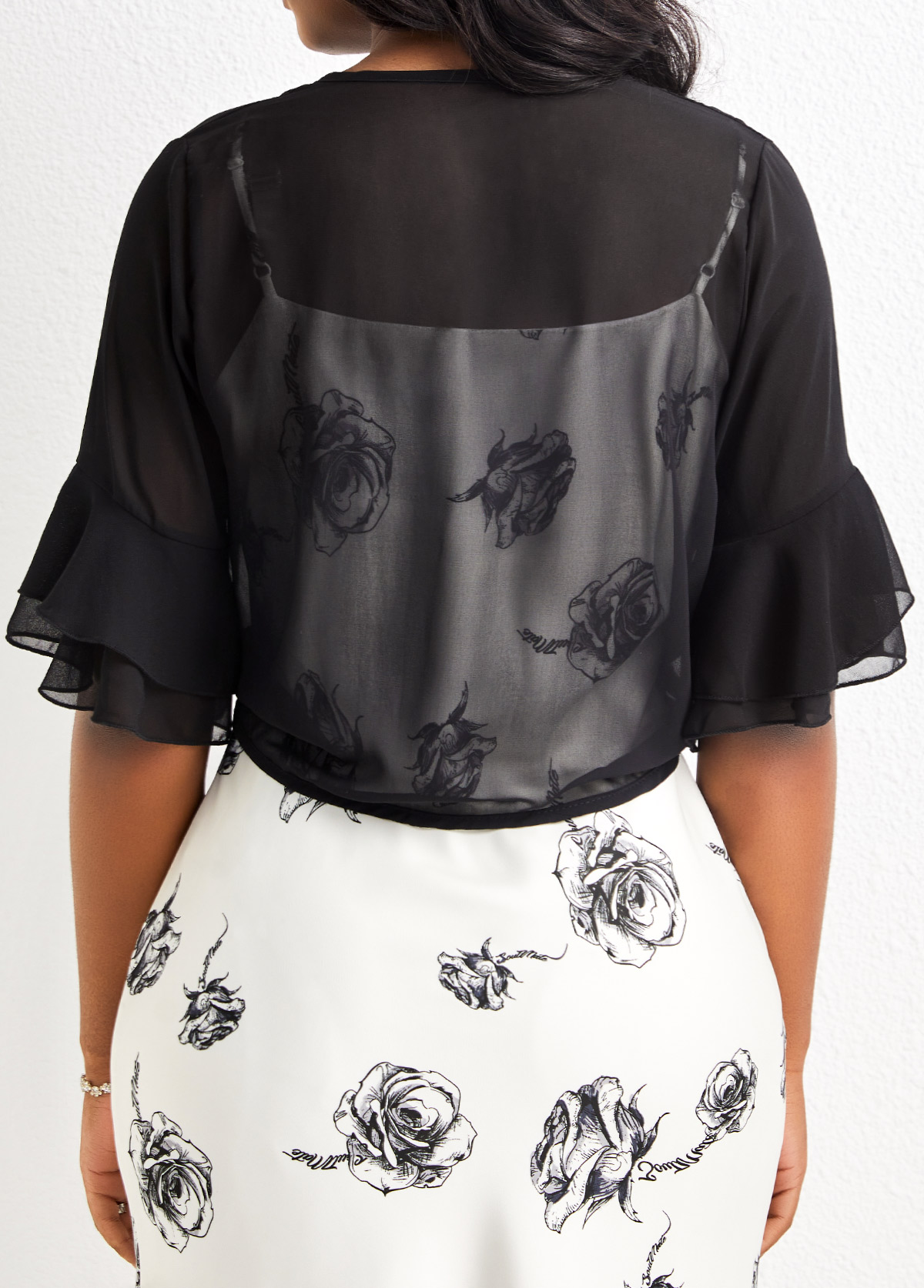 Black outerwear & coats,Plain Color outerwear & coats,Ruffle Black Tie Front Half Sleeve Coat