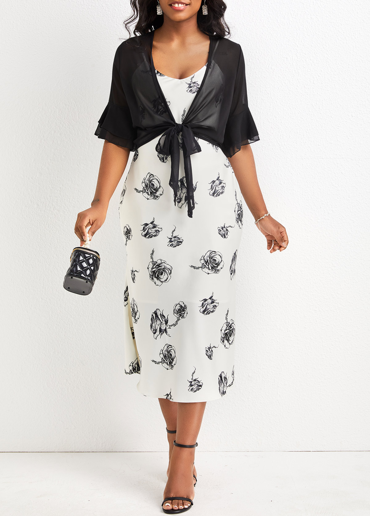 Black outerwear & coats,Plain Color outerwear & coats,Ruffle Black Tie Front Half Sleeve Coat