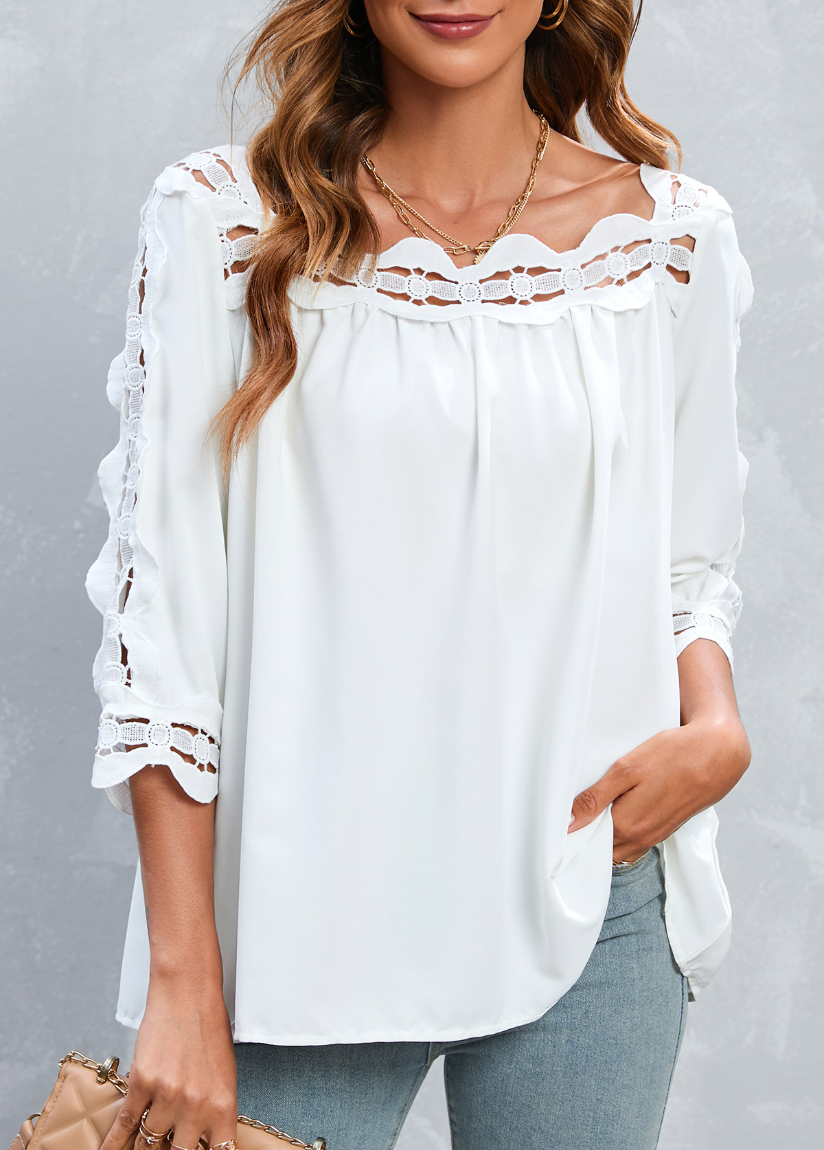Patchwork White 3/4 Sleeve Square Neck Blouse