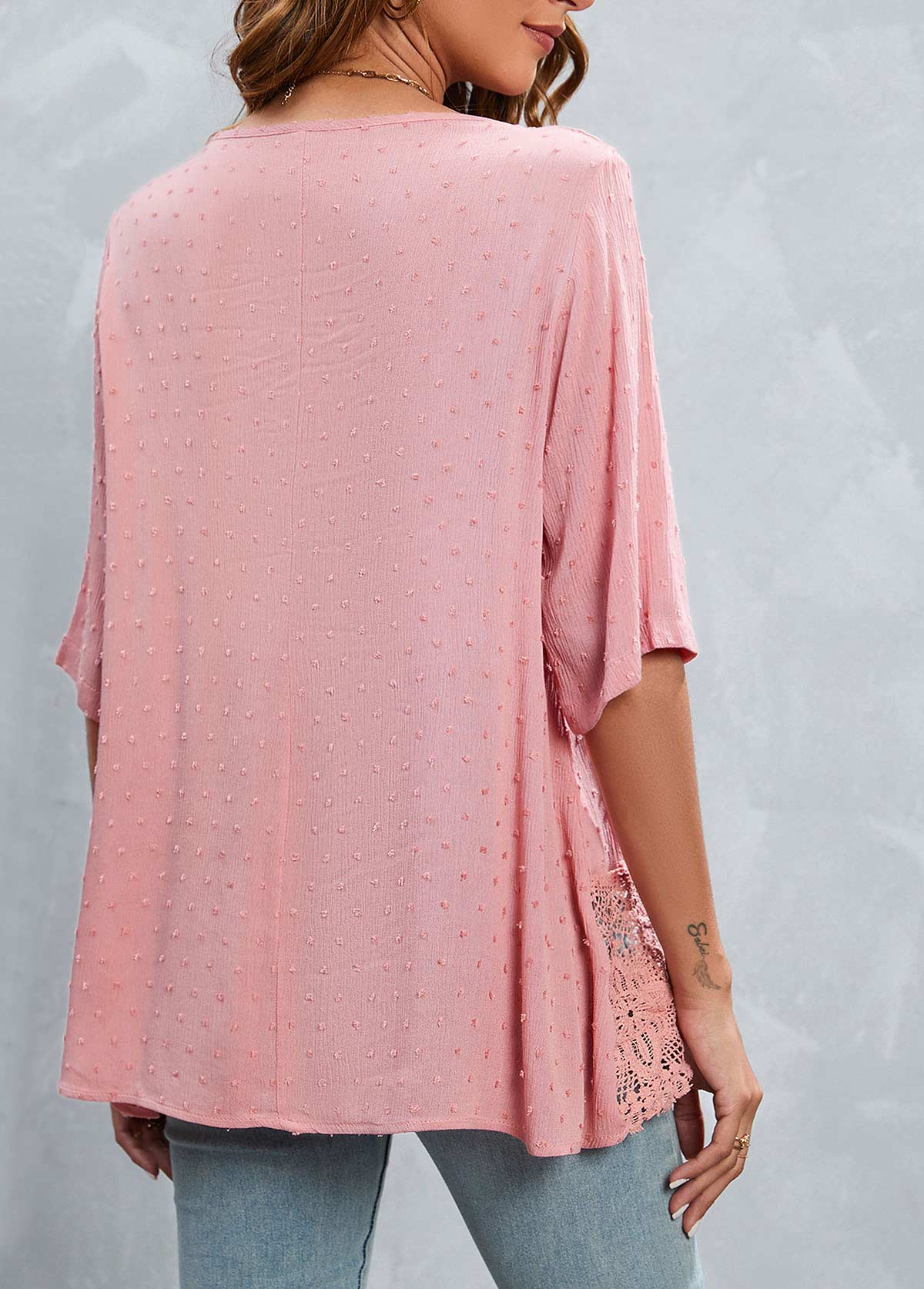 Pink tops,Plain Color tops,Patchwork Pink V Neck Half Sleeve Blouse