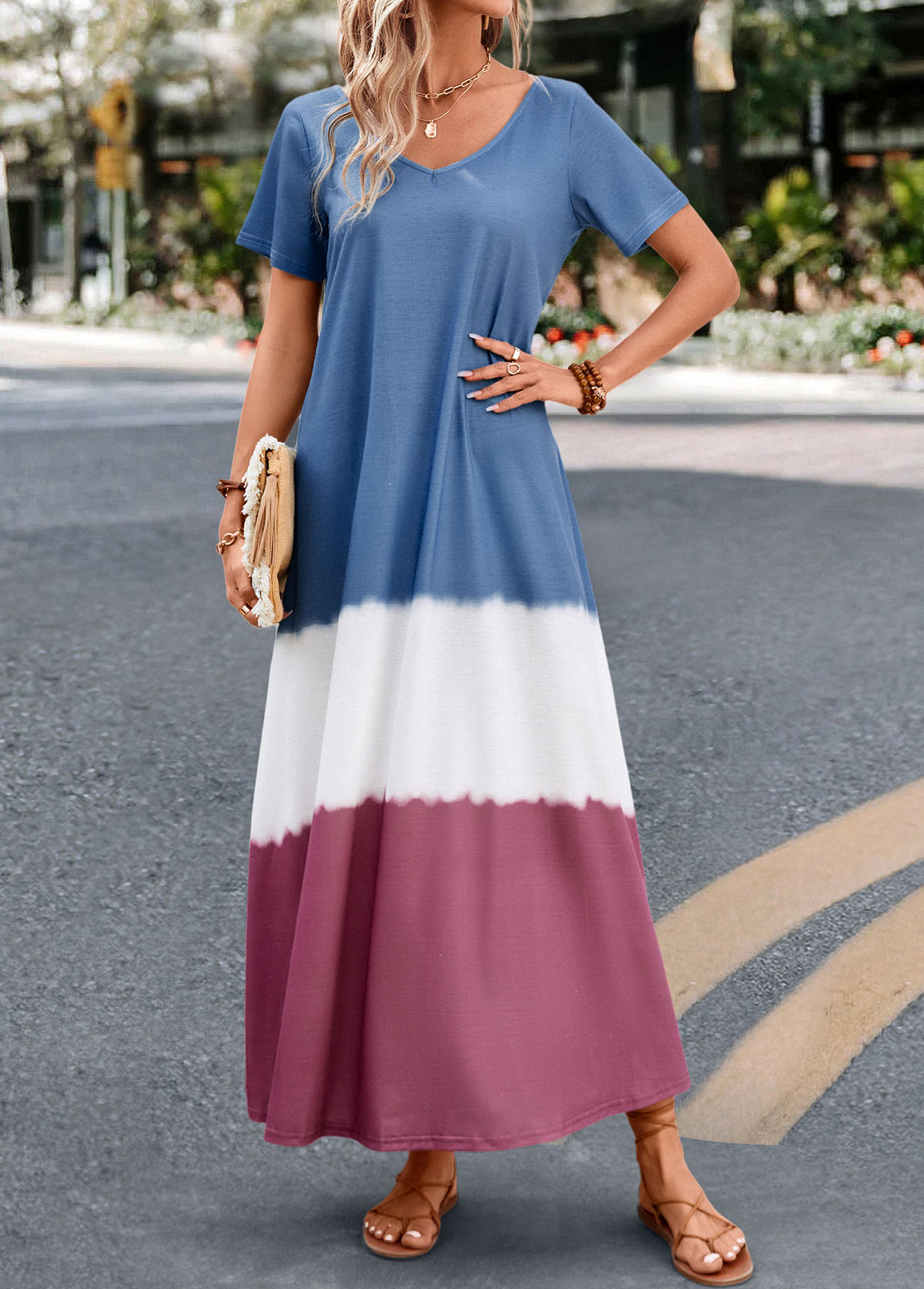 Dusty Blue dresses,Contrast Color dresses,Umbrella Hem Dusty Blue A Line Maxi Dress