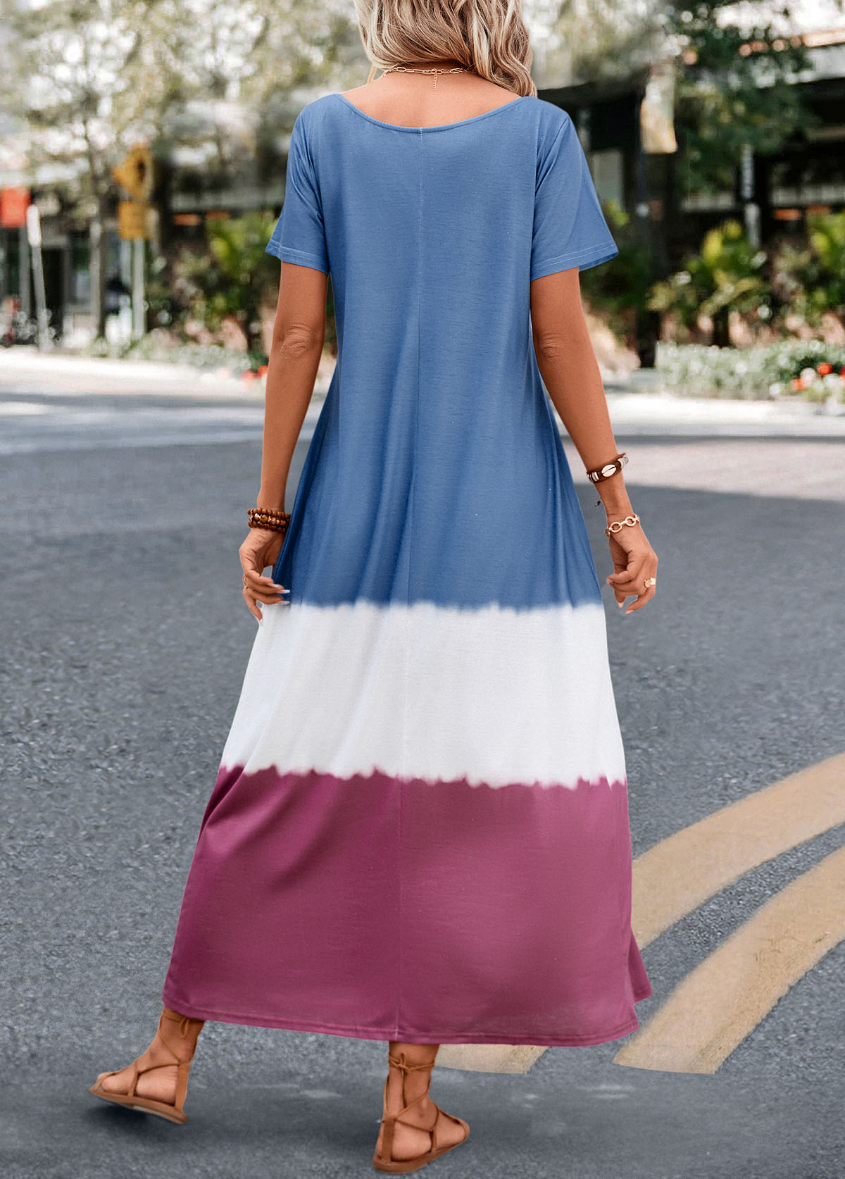 Dusty Blue dresses,Contrast Color dresses,Umbrella Hem Dusty Blue A Line Maxi Dress