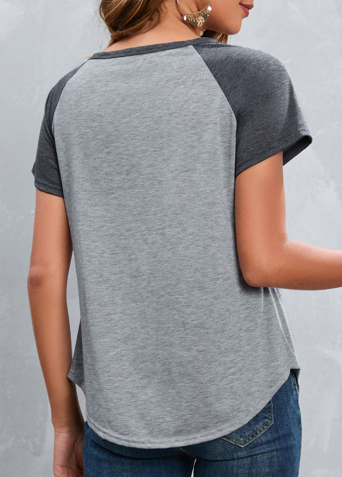 Grey tops,Contrast Color tops,Patchwork Grey Round Neck Short Sleeve T Shirt