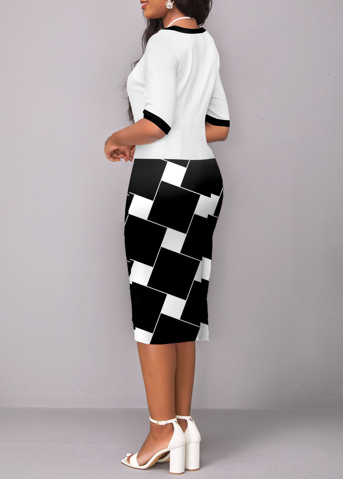 White dresses,Black dresses,Geometric dresses,ROTITA Patchwork Geometric Print White Square Neck Bodycon Dress