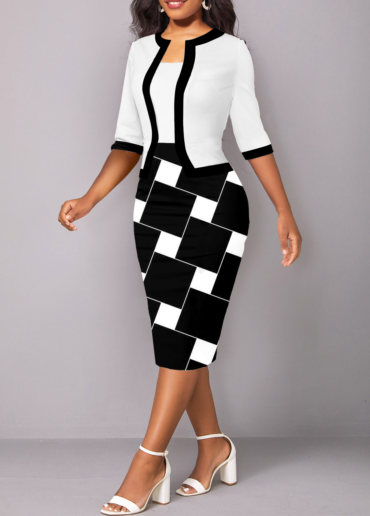 White dresses,Black dresses,Geometric dresses,ROTITA Patchwork Geometric Print White Square Neck Bodycon Dress