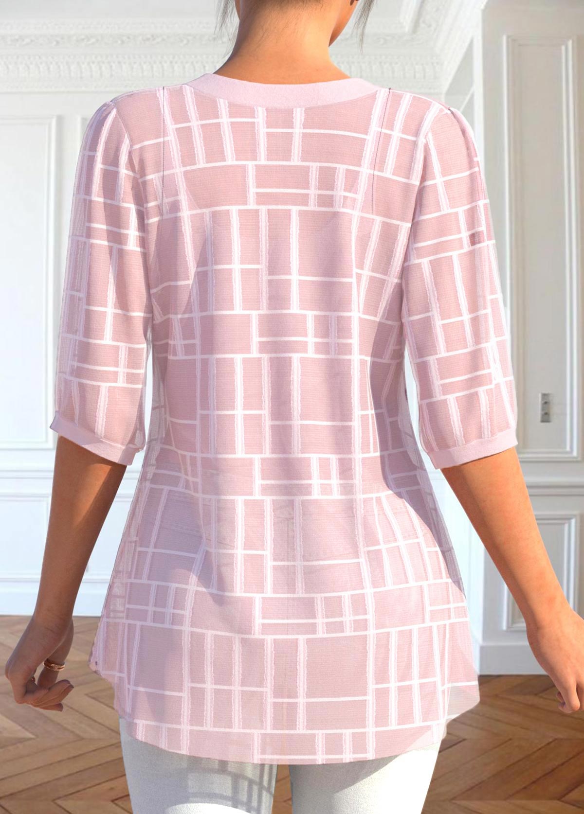 Light Pink tops,Plain Color tops,ROTITA Button Light Pink Split Neck 3/4 Sleeve Blouse