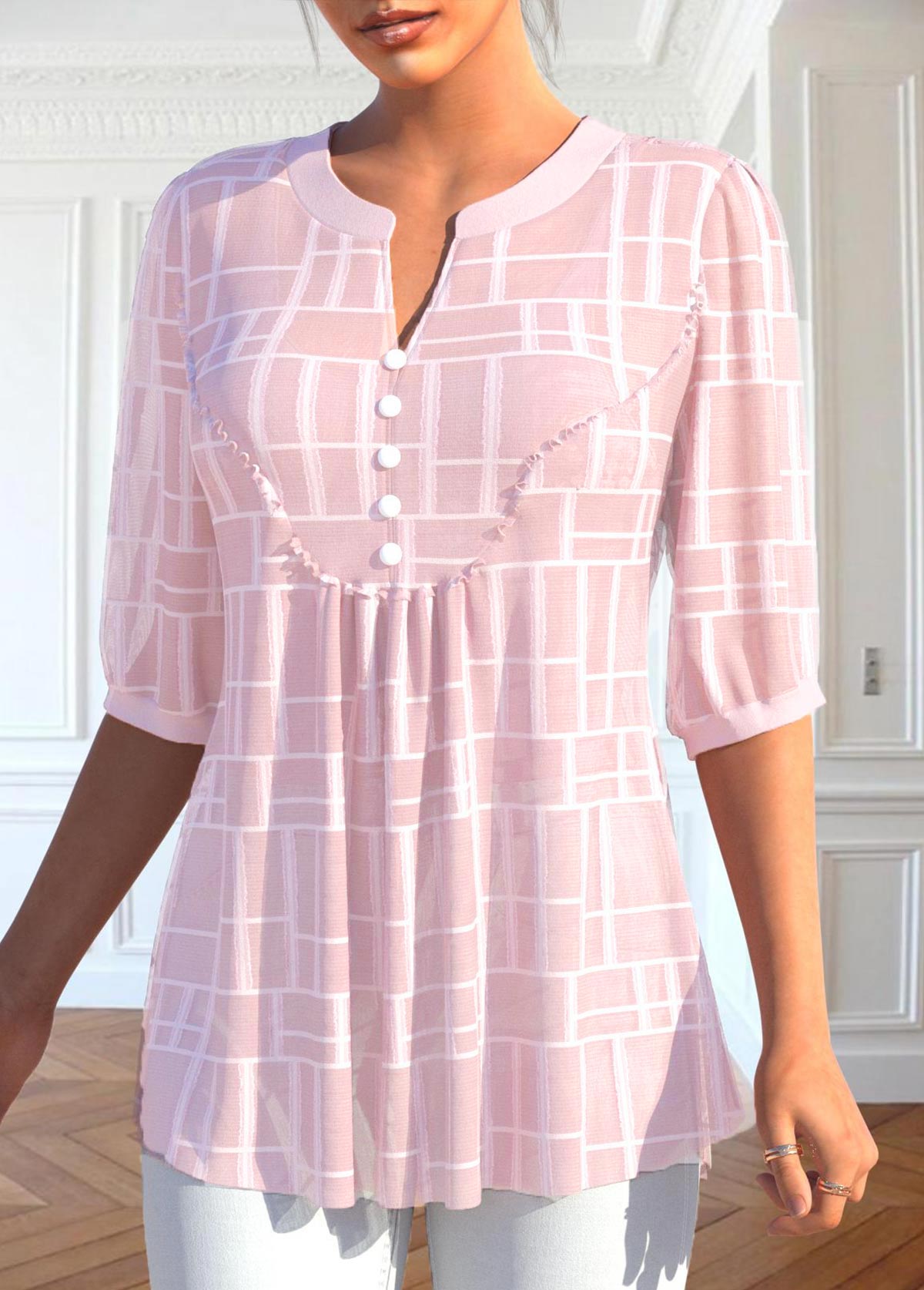 Light Pink tops,Plain Color tops,ROTITA Button Light Pink Split Neck 3/4 Sleeve Blouse