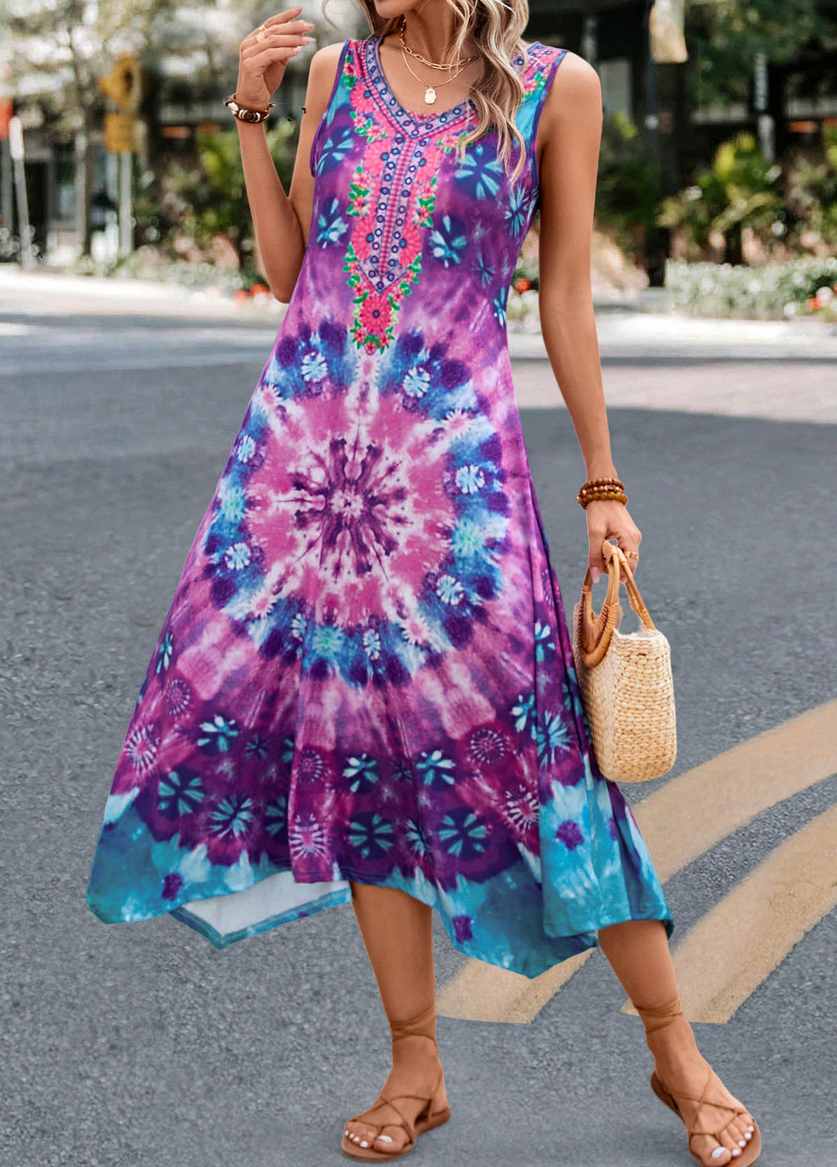 Purple dresses,Tie Dye dresses,Dot dresses,Geometric dresses,Floral dresses,Handkerchief Hem Tie Dye Print Purple Dress