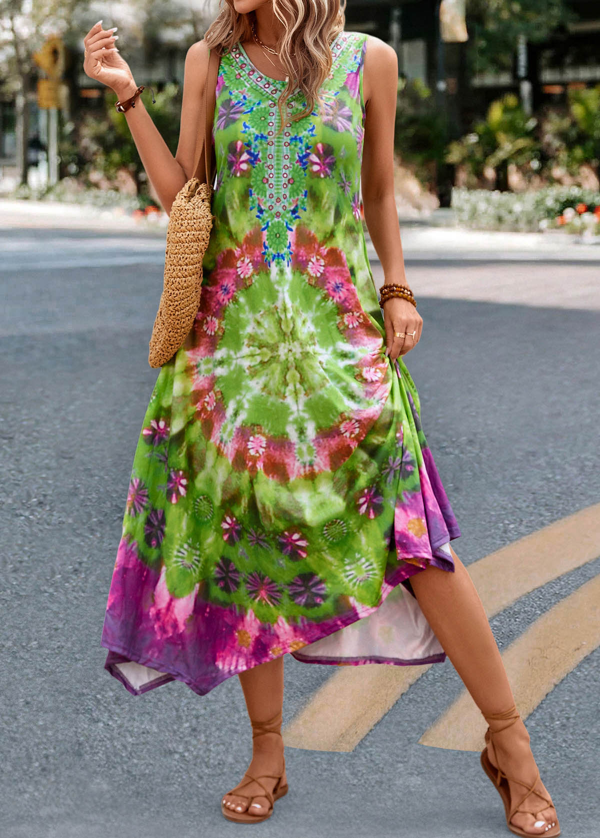 Handkerchief Hem Tie Dye Print Green Dress