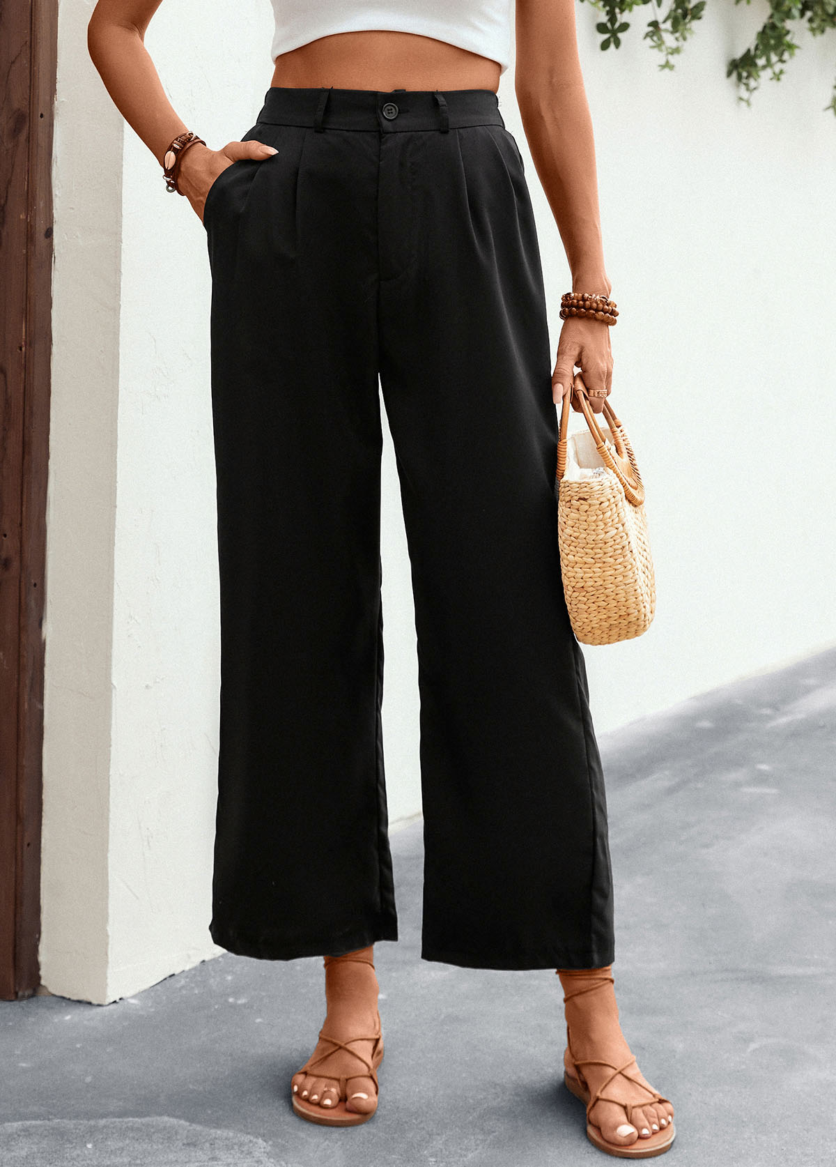 Black bottoms,Plain Color bottoms,Pocket Black Elastic Waist High Waisted Pants