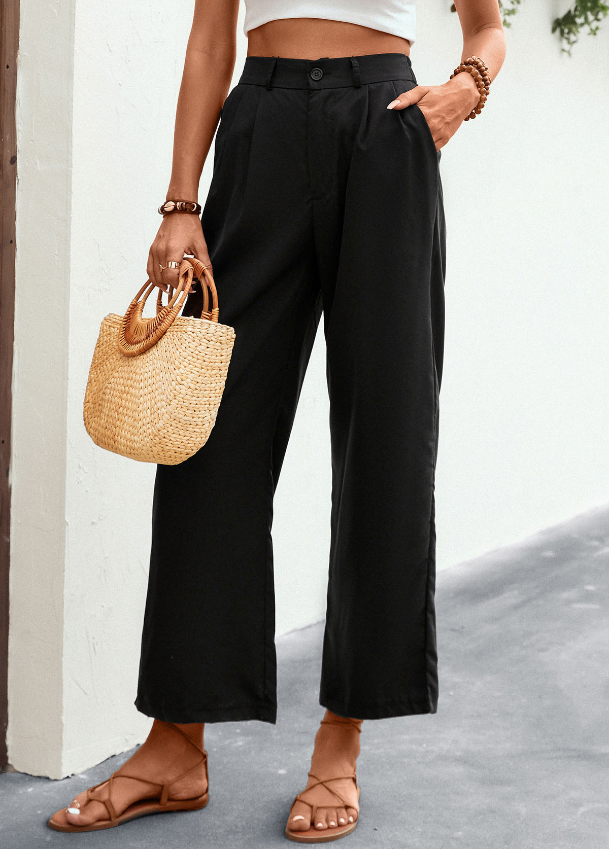 Black bottoms,Plain Color bottoms,Pocket Black Elastic Waist High Waisted Pants