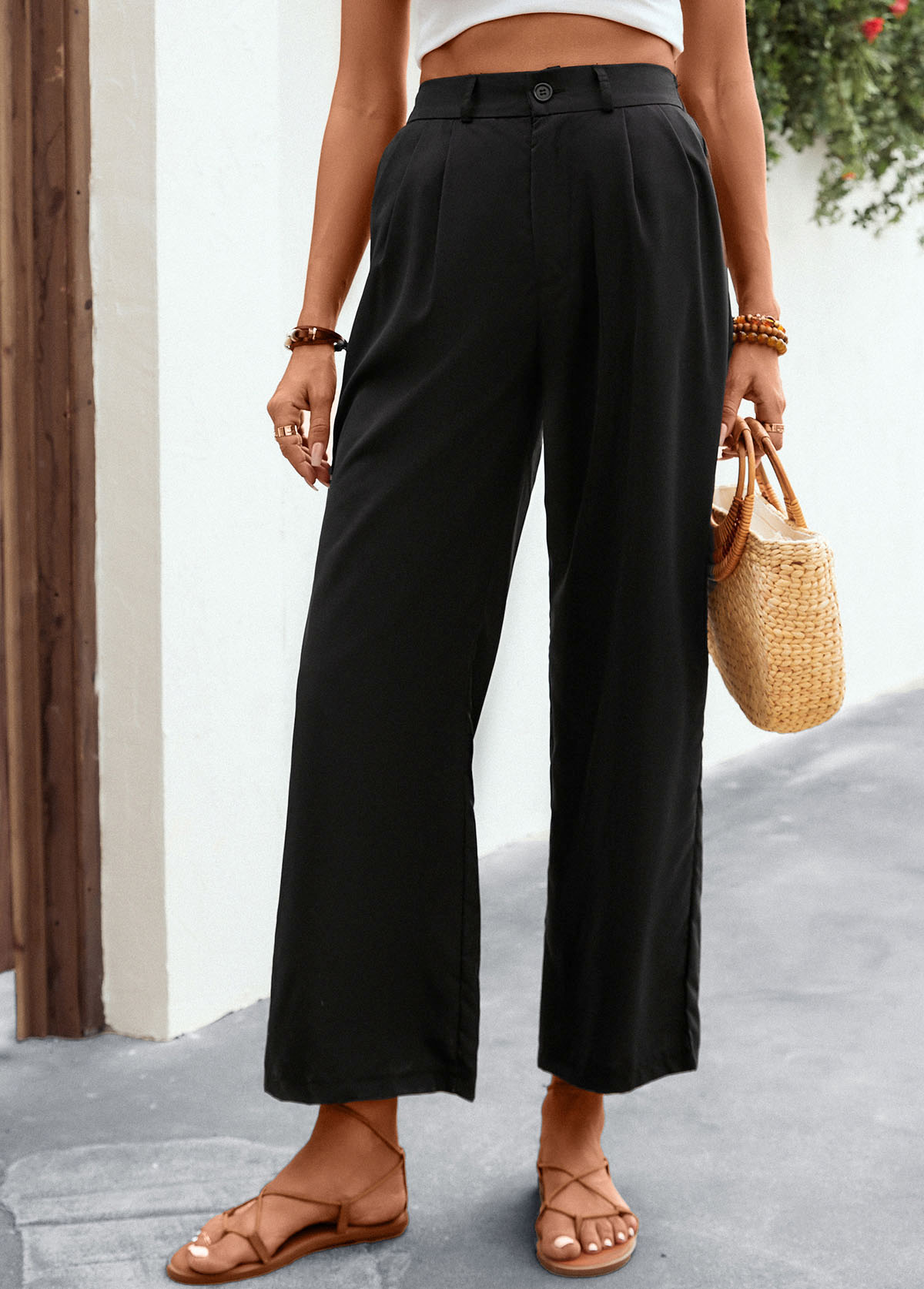 Black bottoms,Plain Color bottoms,Pocket Black Elastic Waist High Waisted Pants
